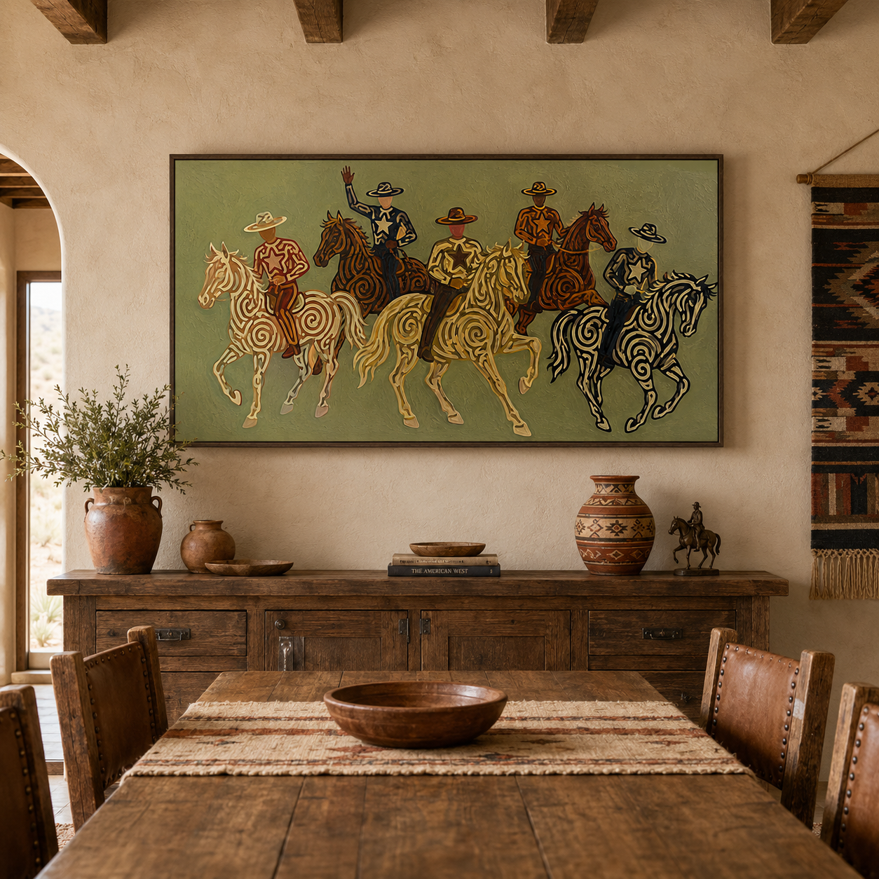 Olive Green Cowboy Riders Painting, Panoramic Western Horse Art, Modern Southwestern Decor