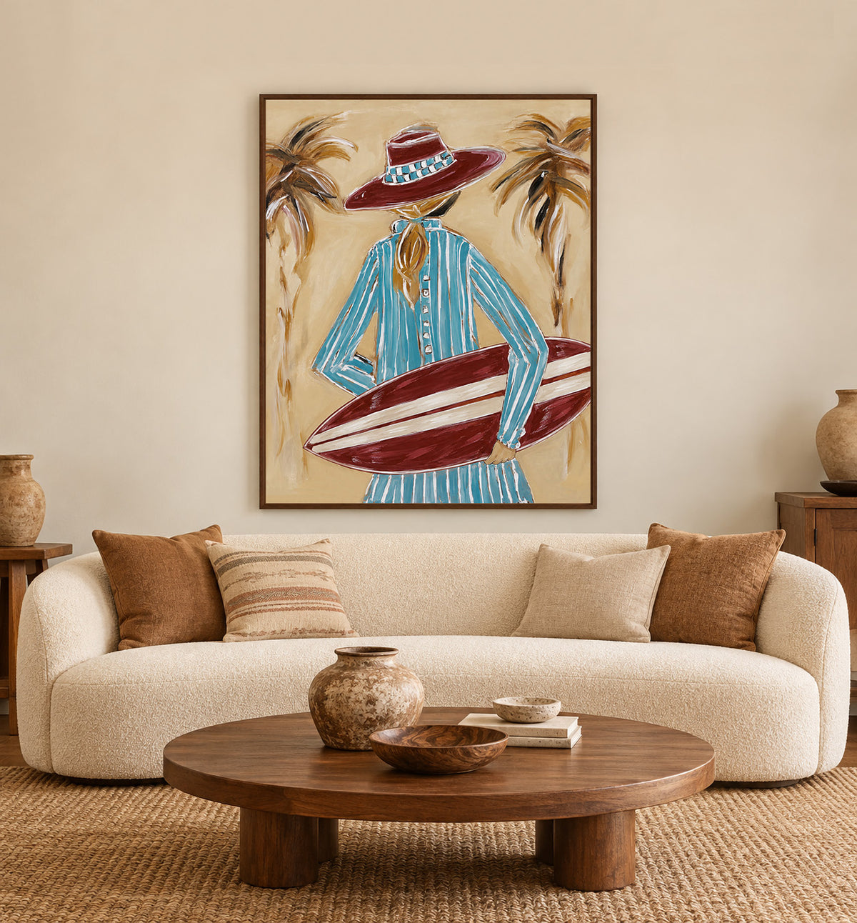 Coastal Cowboy Surfboard Canvas Art, Tropical Cowgirl Beach Wall Decor, California Surfing Painting