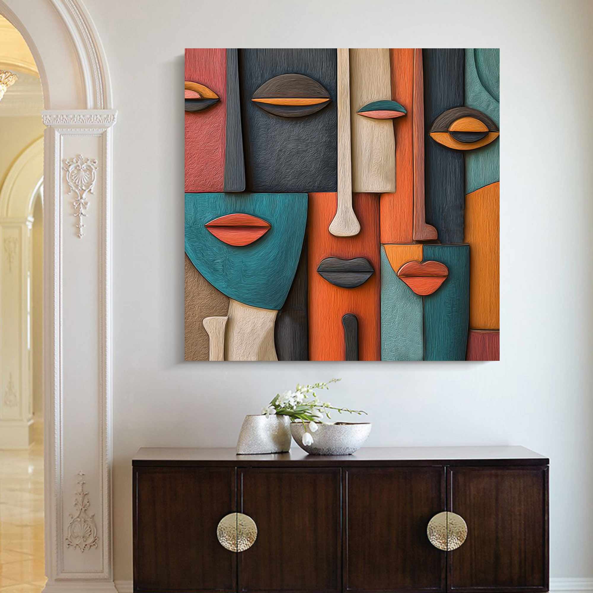 Hand-Painted Wood Carving Wall Art face Abstract 3D Textured Sculpture