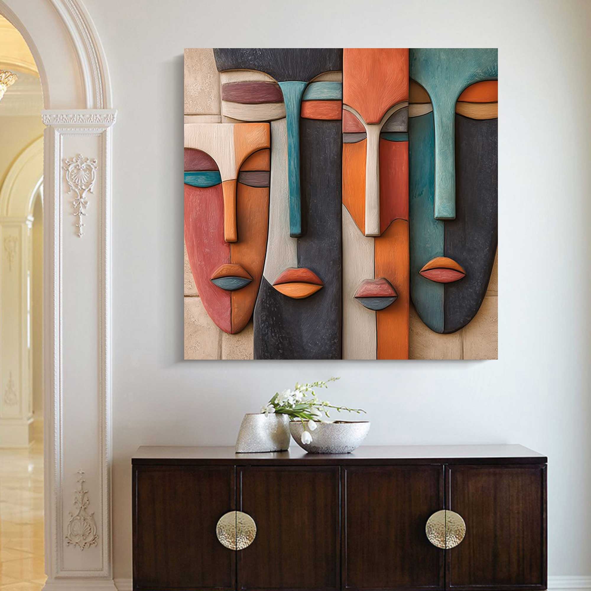 Hand-Painted Wood Carving Wall Art face Abstract 3D Textured Sculpture