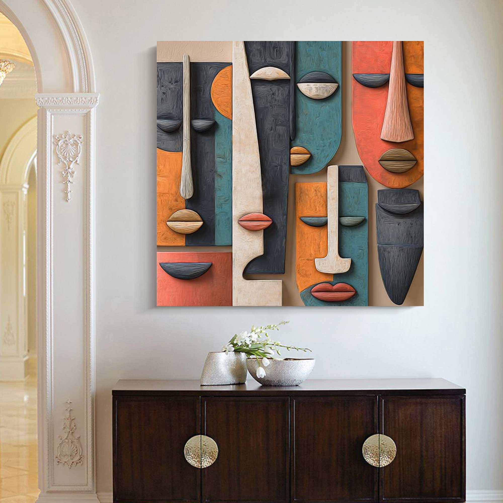 Hand-Painted Wood Carving Wall Art face Abstract 3D Textured Sculpture