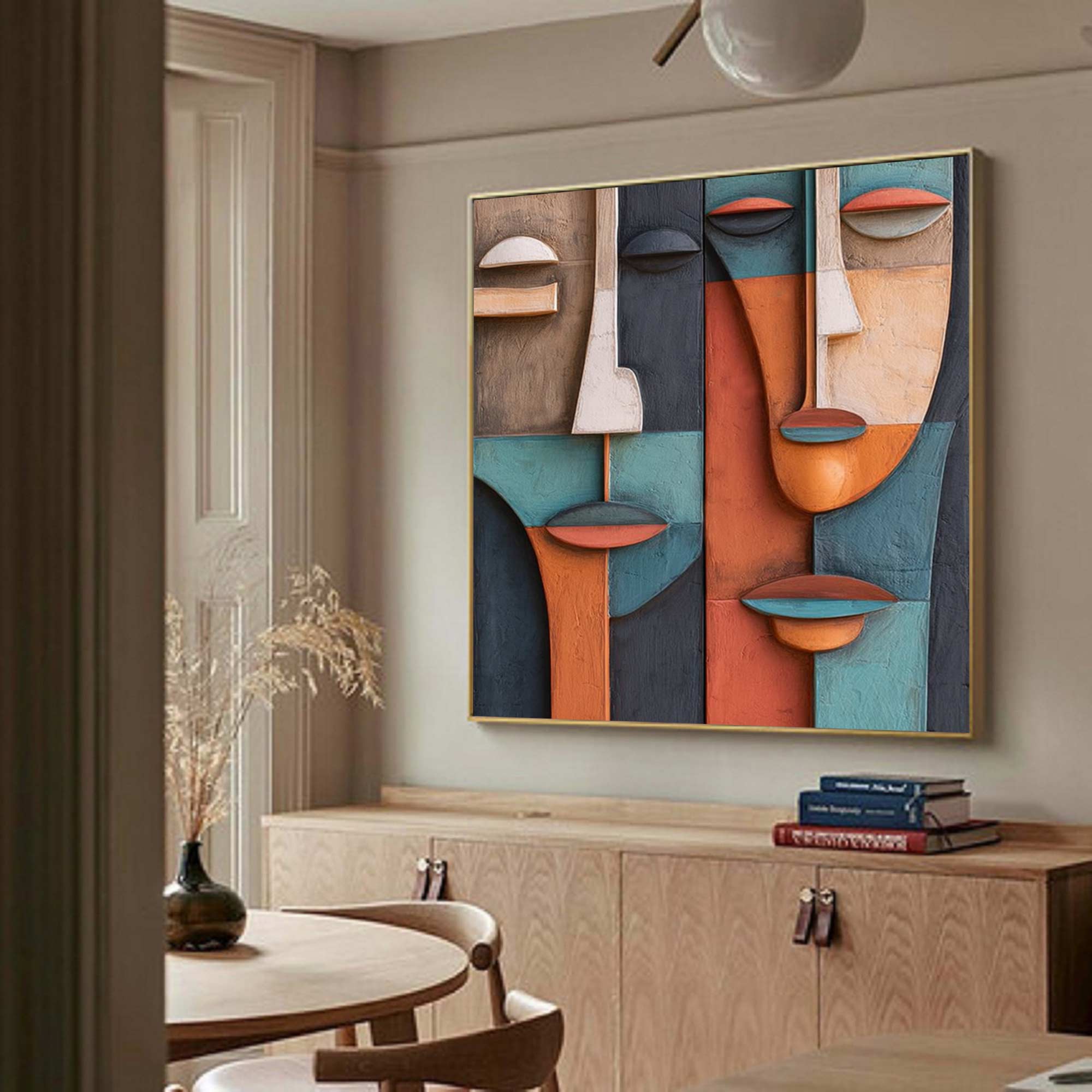 face Abstract 3D Textured Sculpture Hand-Painted Wood Carving Wall Art