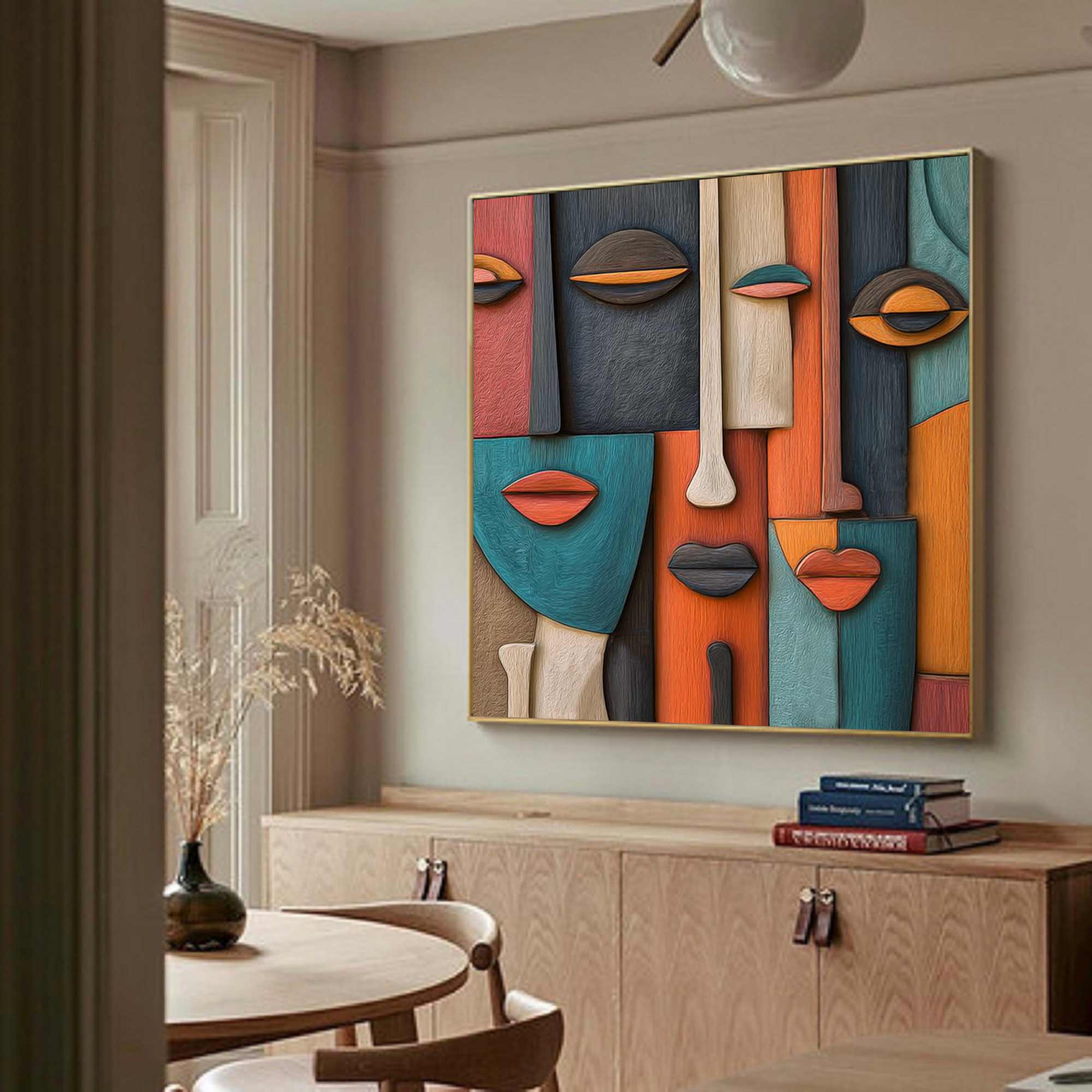 Hand-Painted Wood Carving Wall Art face Abstract 3D Textured Sculpture