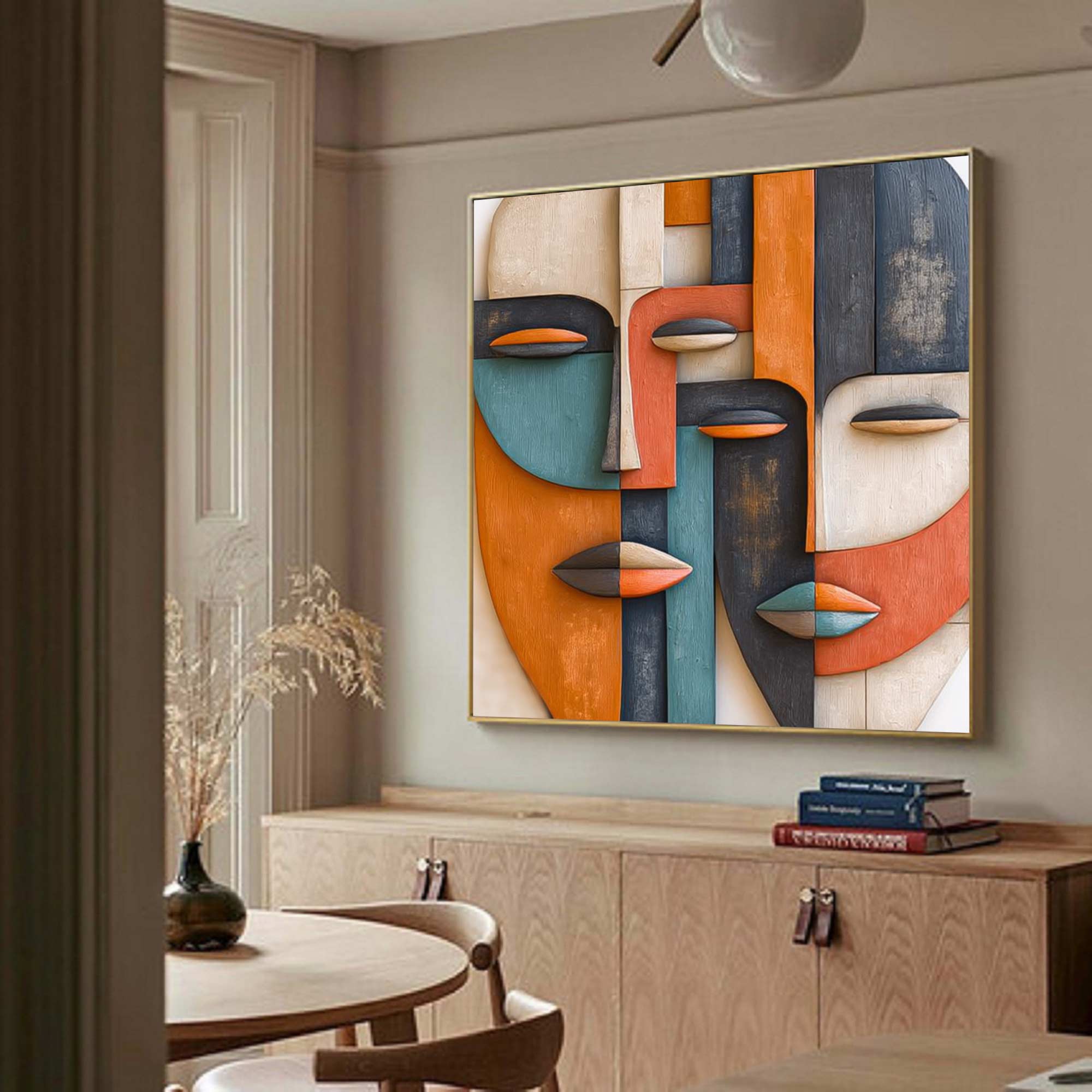 Hand-Painted Wood Carving Wall Art face Abstract 3D Textured Sculpture