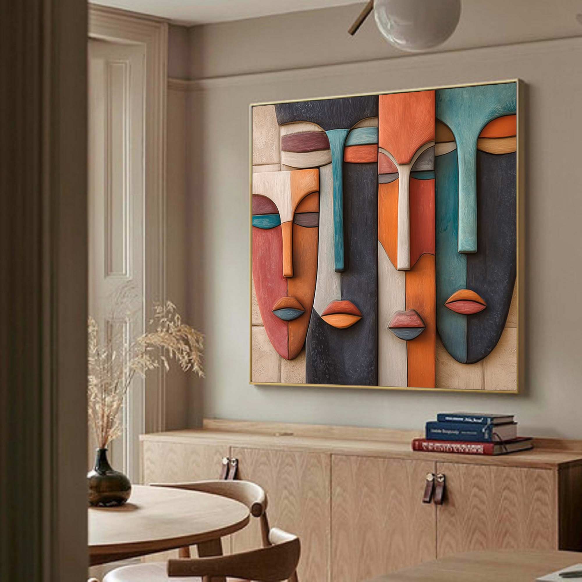 Hand-Painted Wood Carving Wall Art face Abstract 3D Textured Sculpture