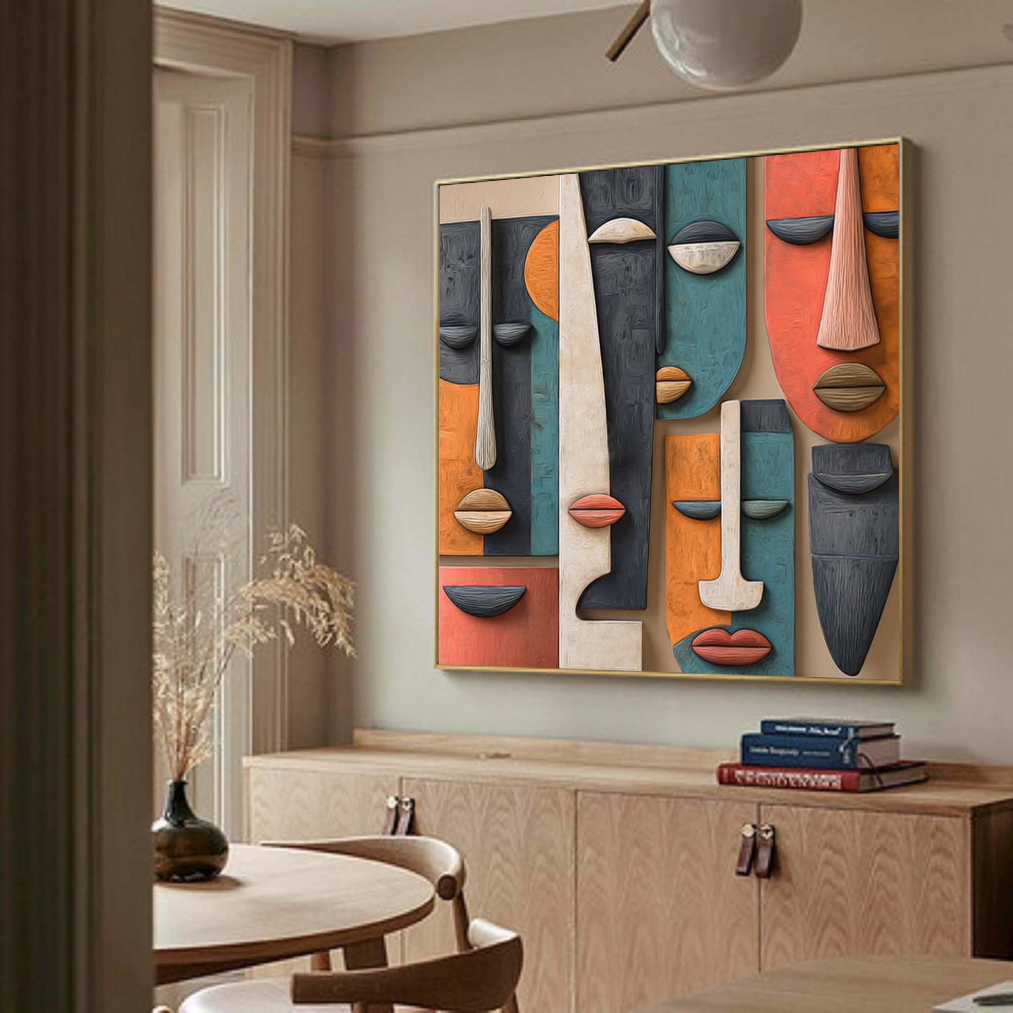 Hand-Painted Wood Carving Wall Art face Abstract 3D Textured Sculpture