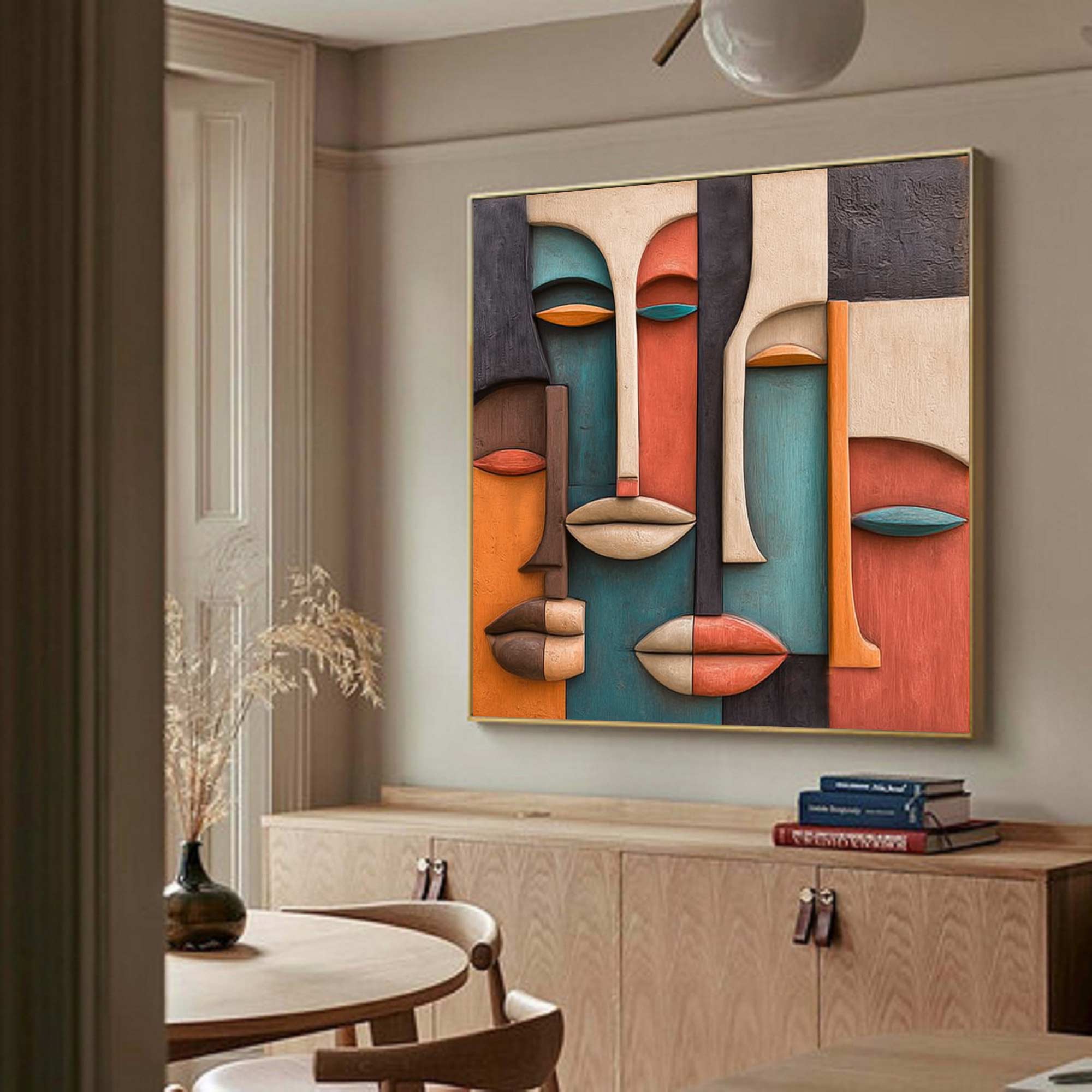 Hand-Painted Wood Carving Wall Art face Abstract 3D Textured Sculpture