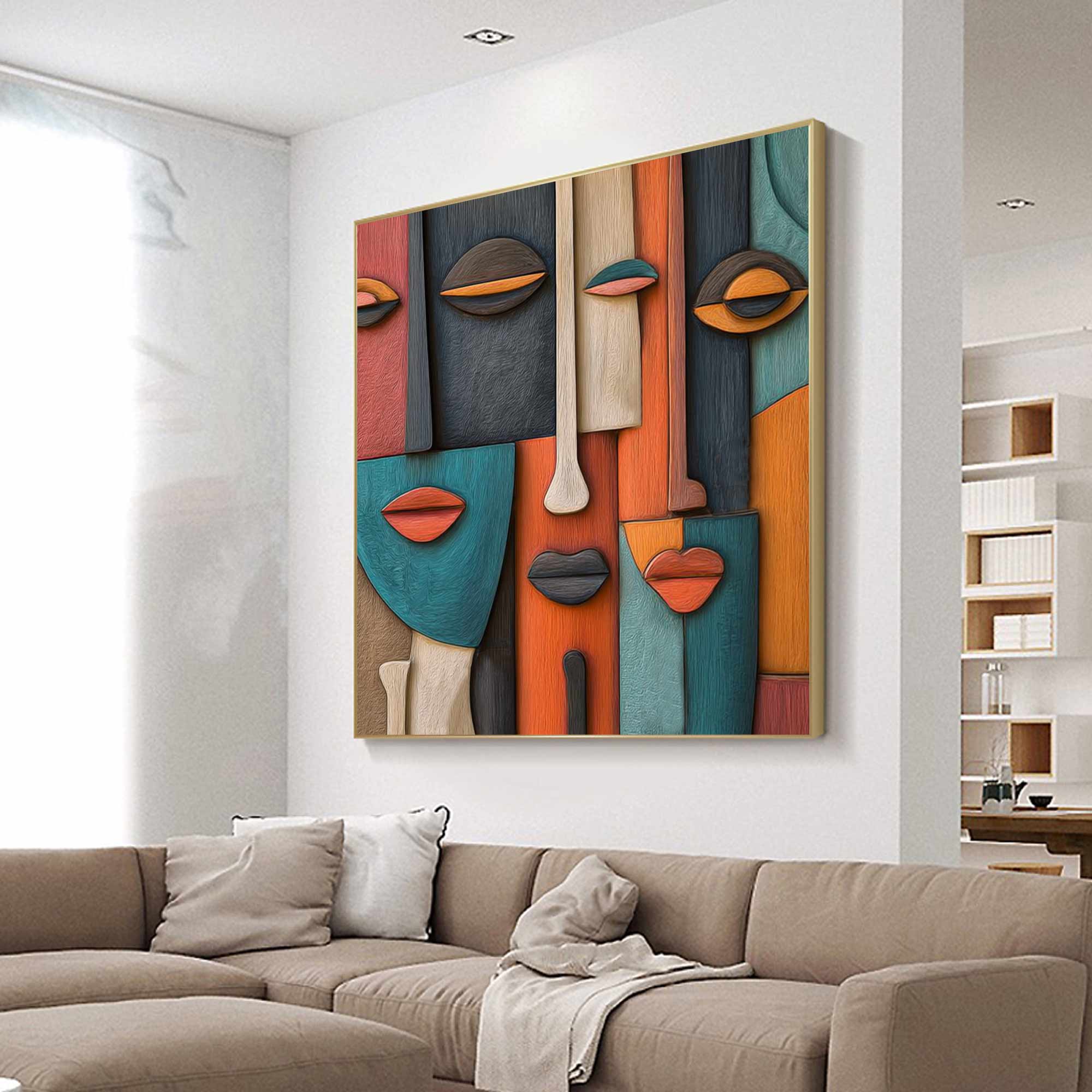 Hand-Painted Wood Carving Wall Art face Abstract 3D Textured Sculpture