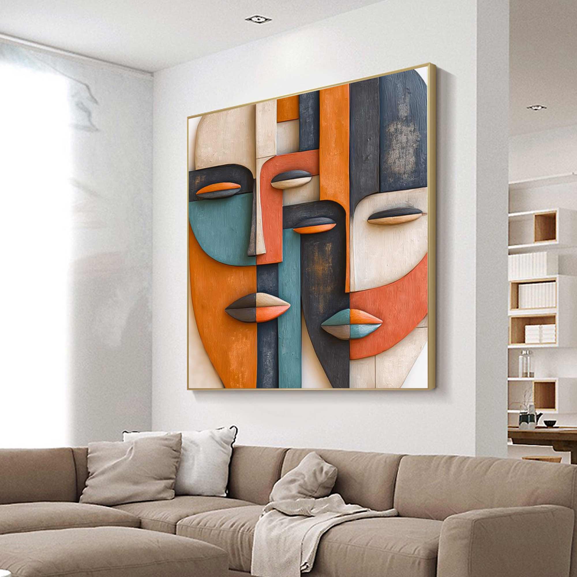 Hand-Painted Wood Carving Wall Art face Abstract 3D Textured Sculpture
