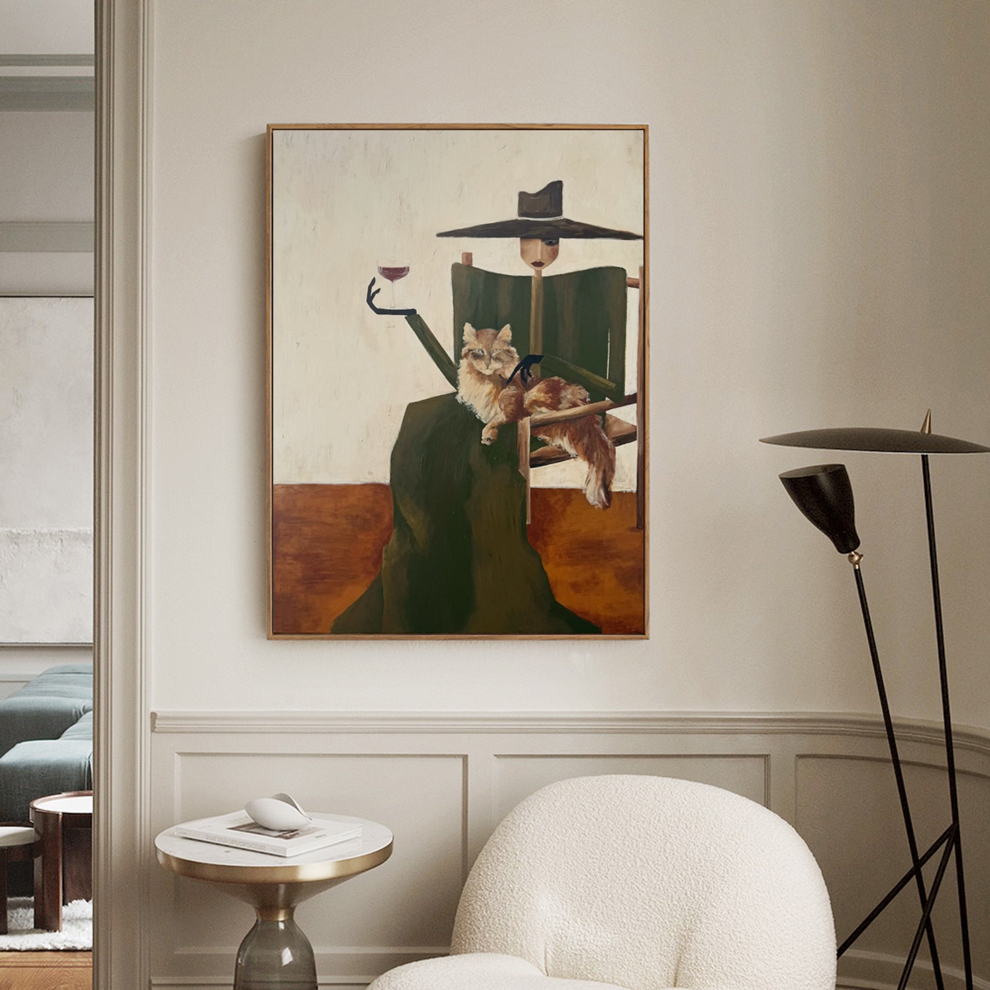 Hand-Painted Woman & Cat Oil Painting | Modern Minimalist Wall Art