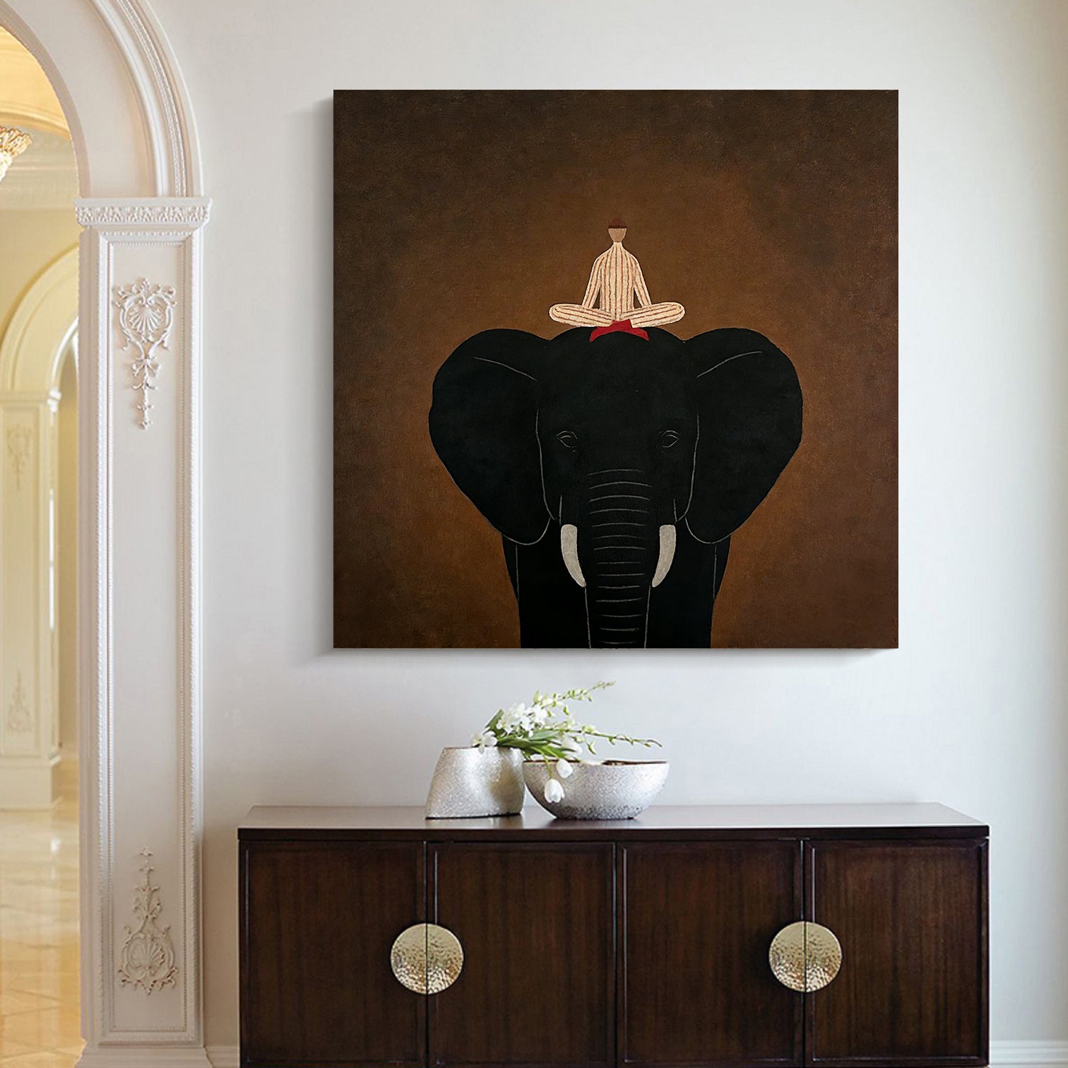 Large Elephant Painting on Canvas.Minimalist Animal Portrait Wall Art