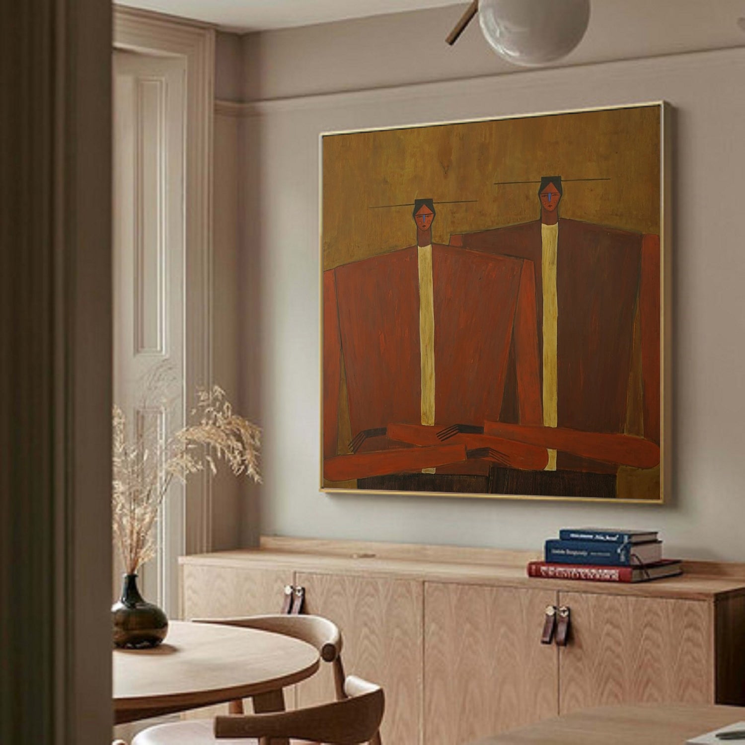 Earth-Toned Abstract Figurative Painting - Modern Folk Art Style Decor