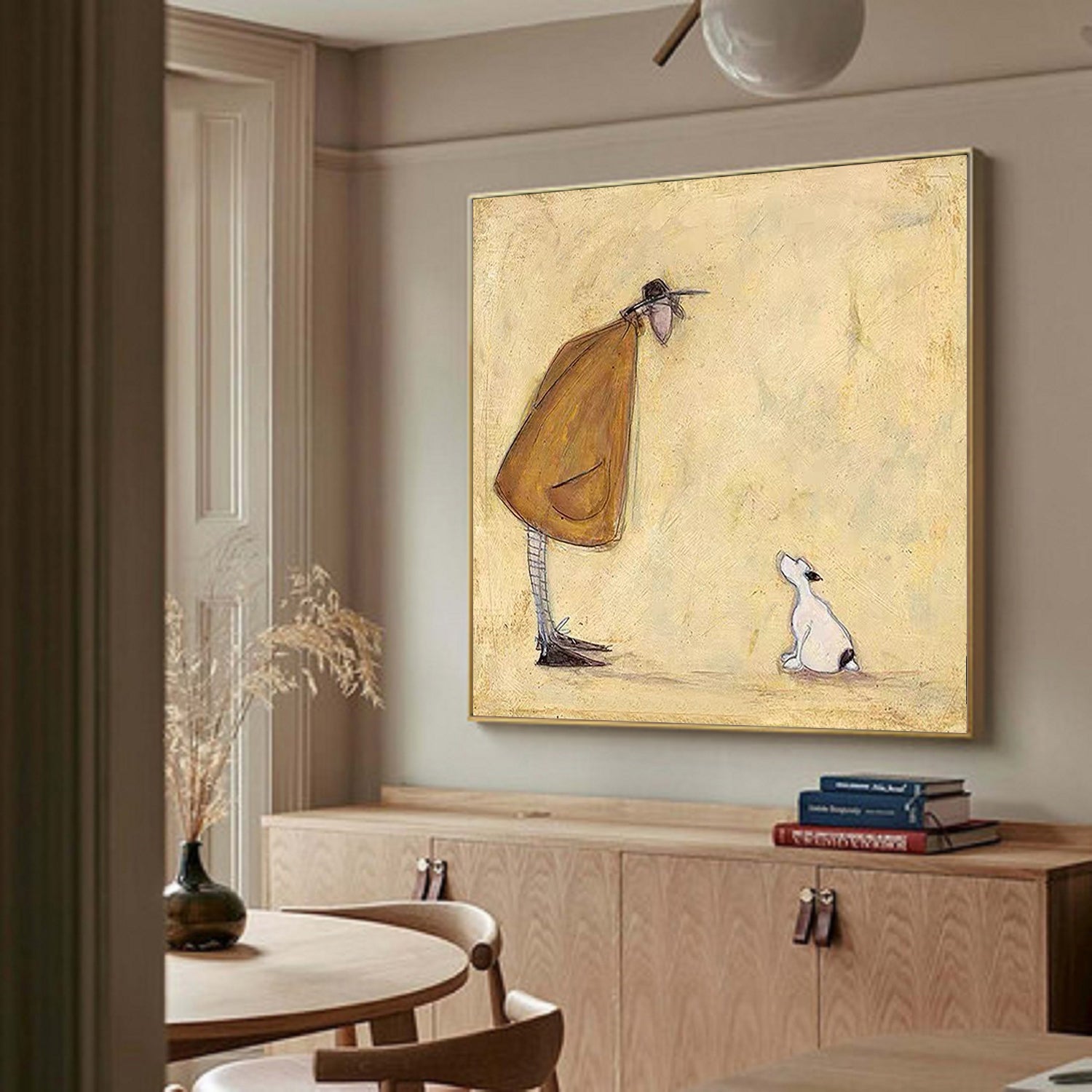 Funny Dog Lover Gift Man and Dog Art Vintage Folk Art Canvas Painting Cozy Reading Nook Art