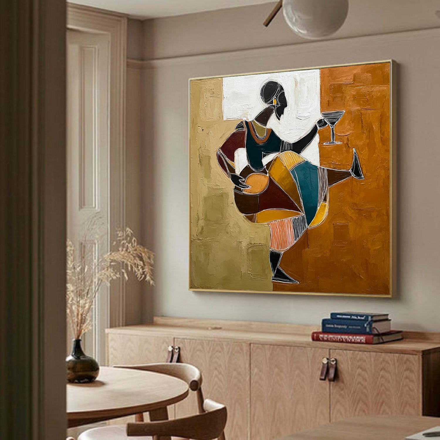 Hand-Painted Tribal Woman with Wine Glass | Modern Geometric Wall Art