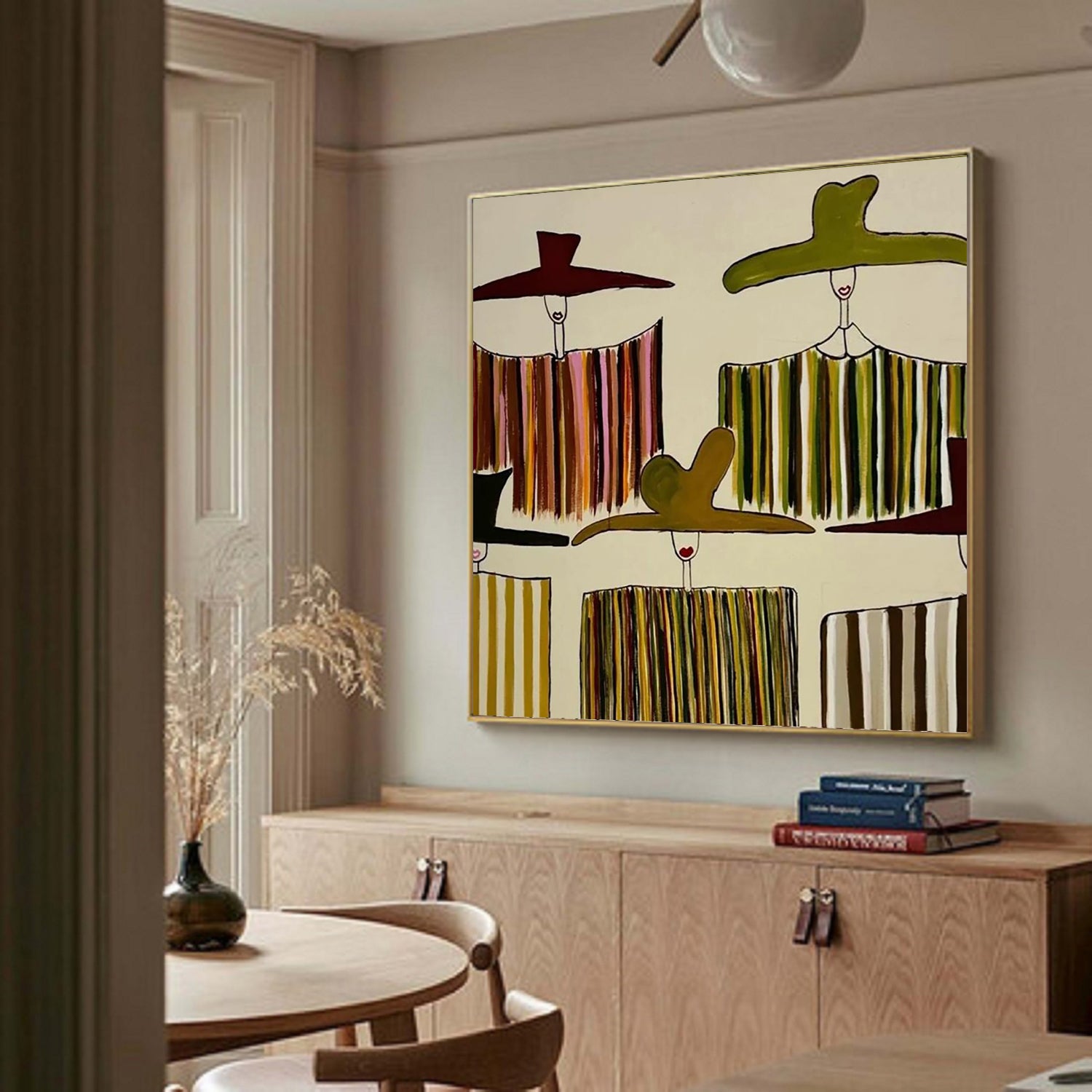 Olive Green figure Abstract Painting Mid-Century Modern Farmhouse wall decor for dining room