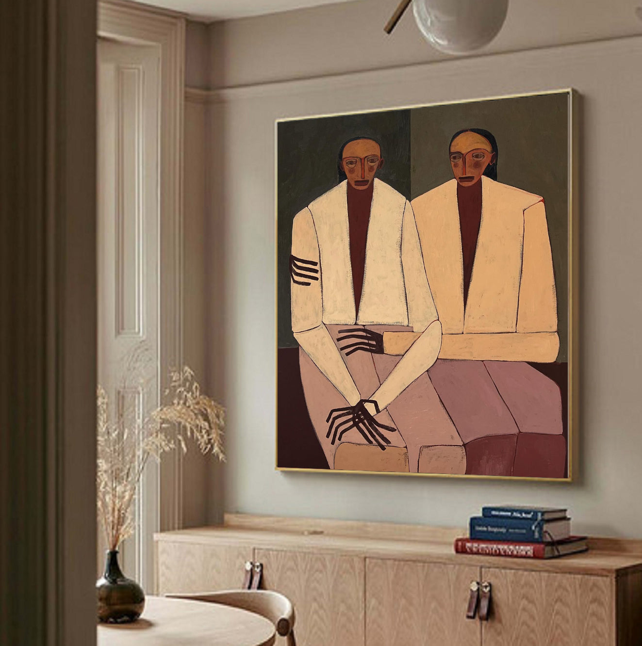 Double Portraits art Boho figurative art Neutral Beige Above sofa art