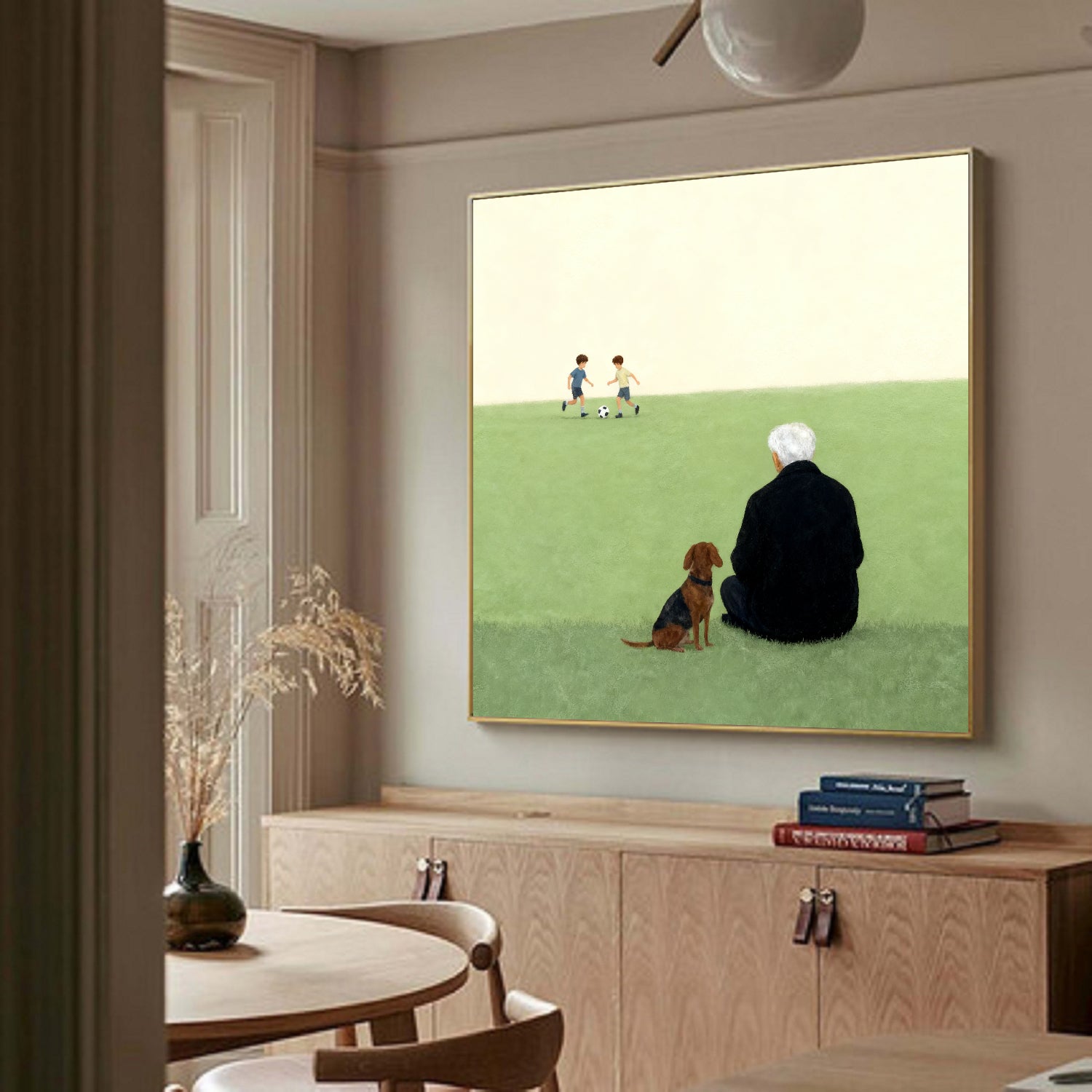 Elderly Man and Dog Oil Painting Nostalgic Senior & Pet Companion Wall Decor