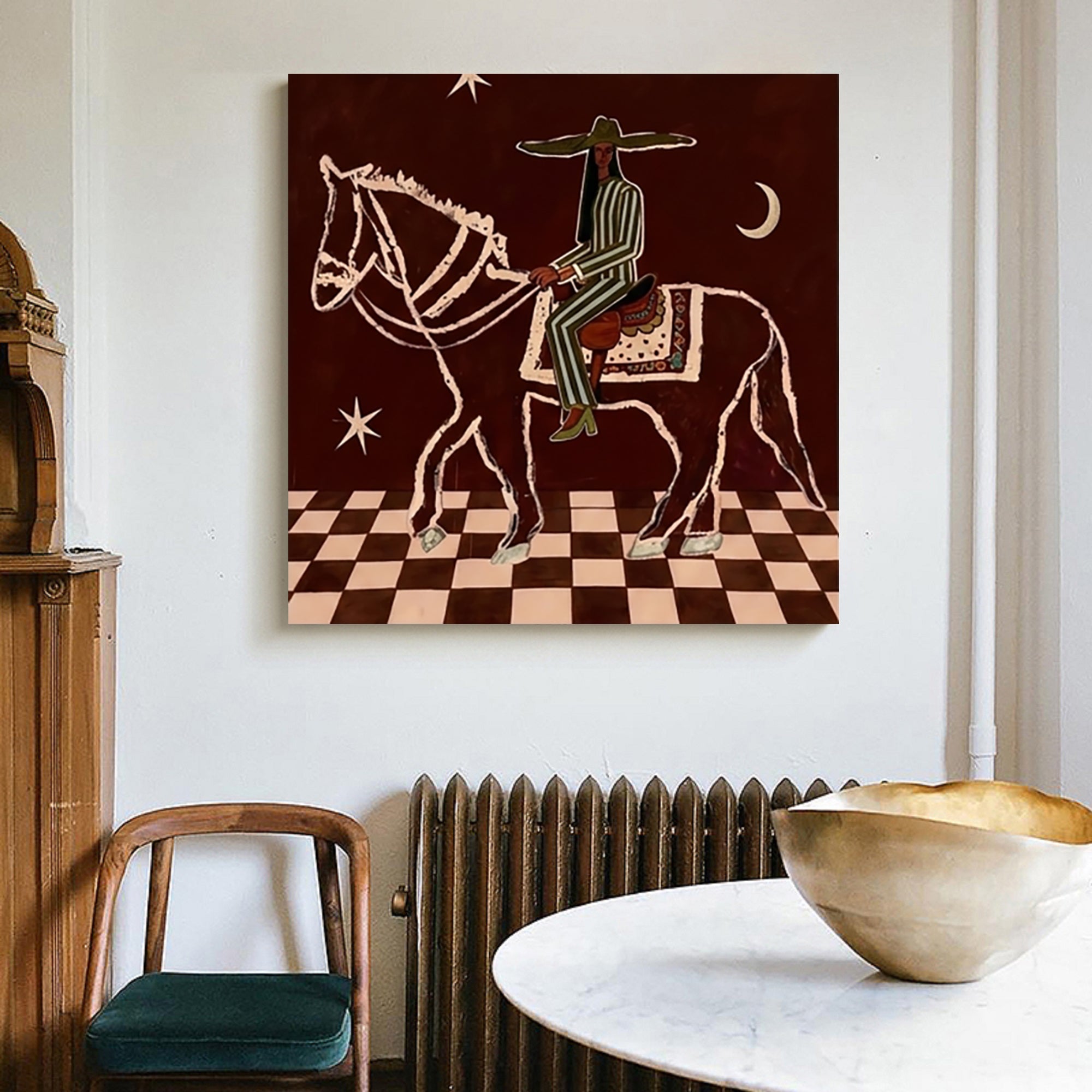 Earthy Tones Vintage Western Rider Wall Art Mid Century Modern Horse Painting