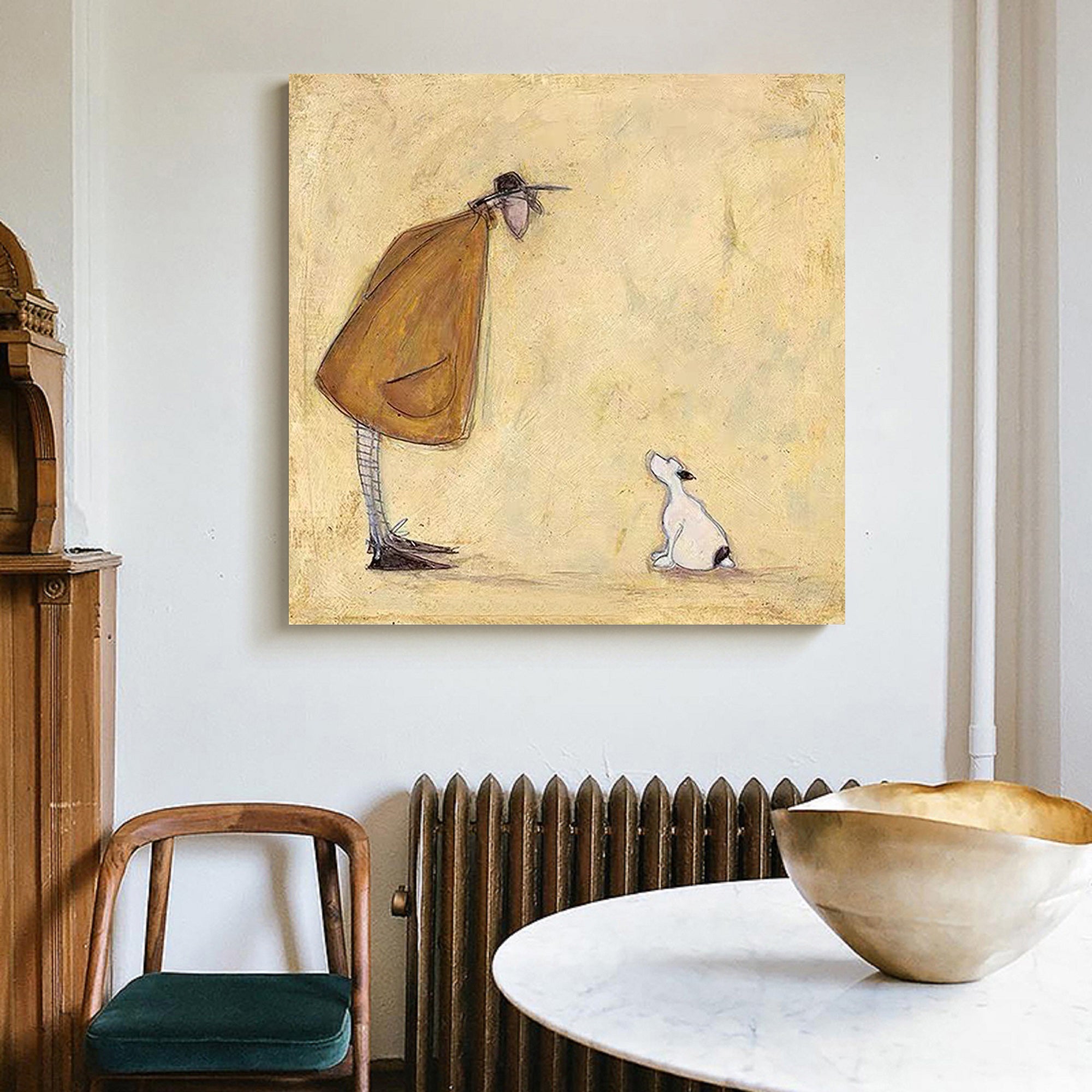 Funny Dog Lover Gift Man and Dog Art Vintage Folk Art Canvas Painting Cozy Reading Nook Art