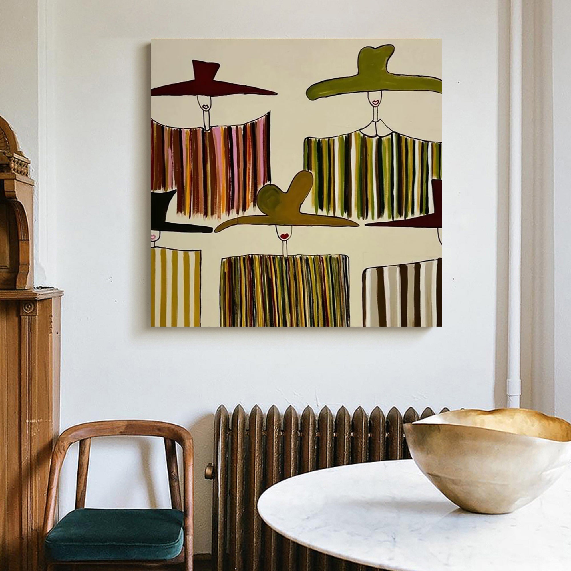 Olive Green figure Abstract Painting Mid-Century Modern Farmhouse wall decor for dining room