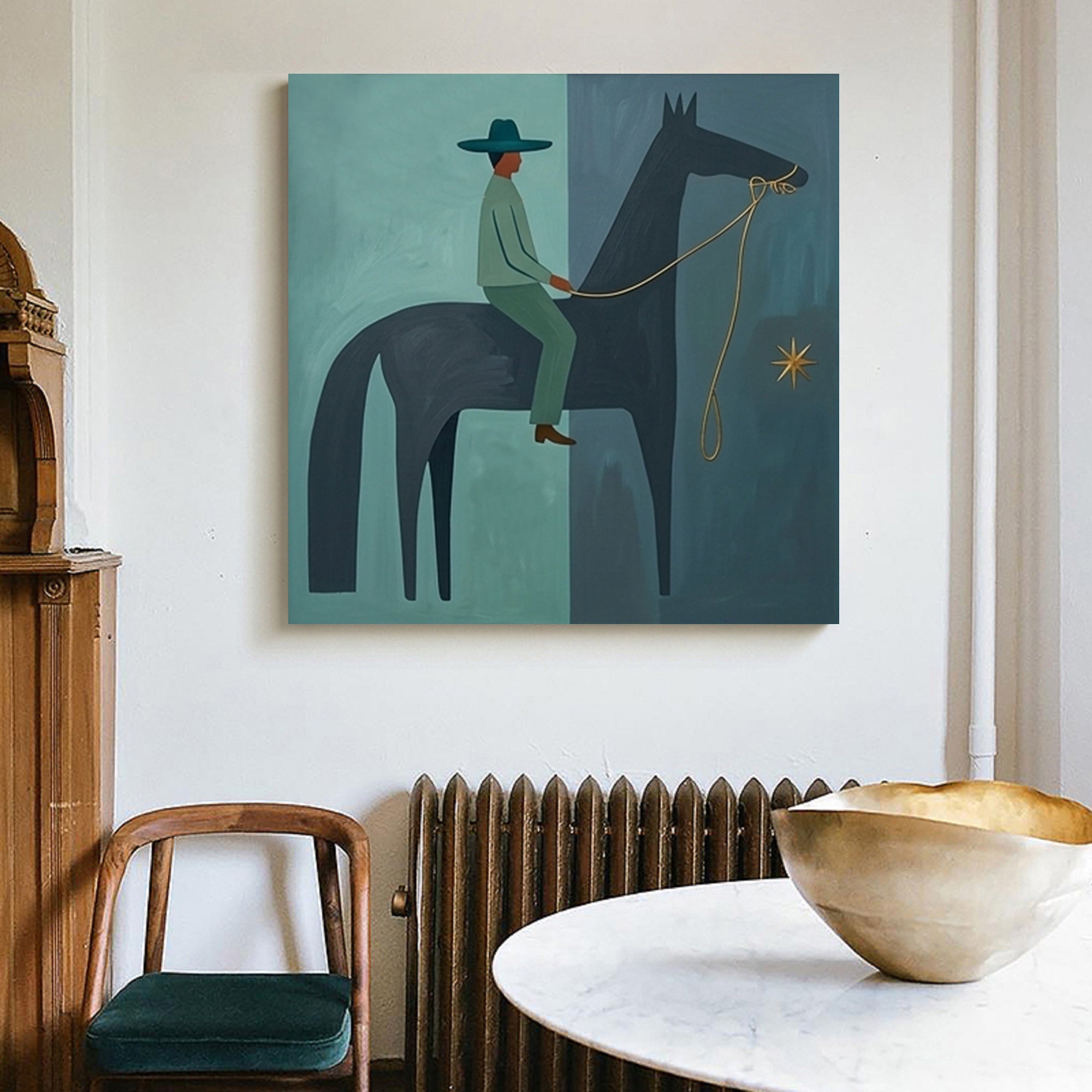 Modern Folk Art Horse Rider Painting Mid-century Modern Art Painting