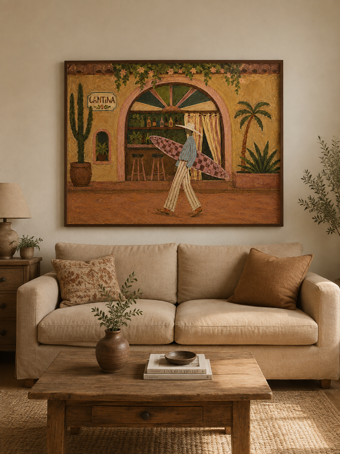 Retro Surfer Cantina Painting For Beach House Decor Cantina Wall Art, Western Coastal Surf Decor