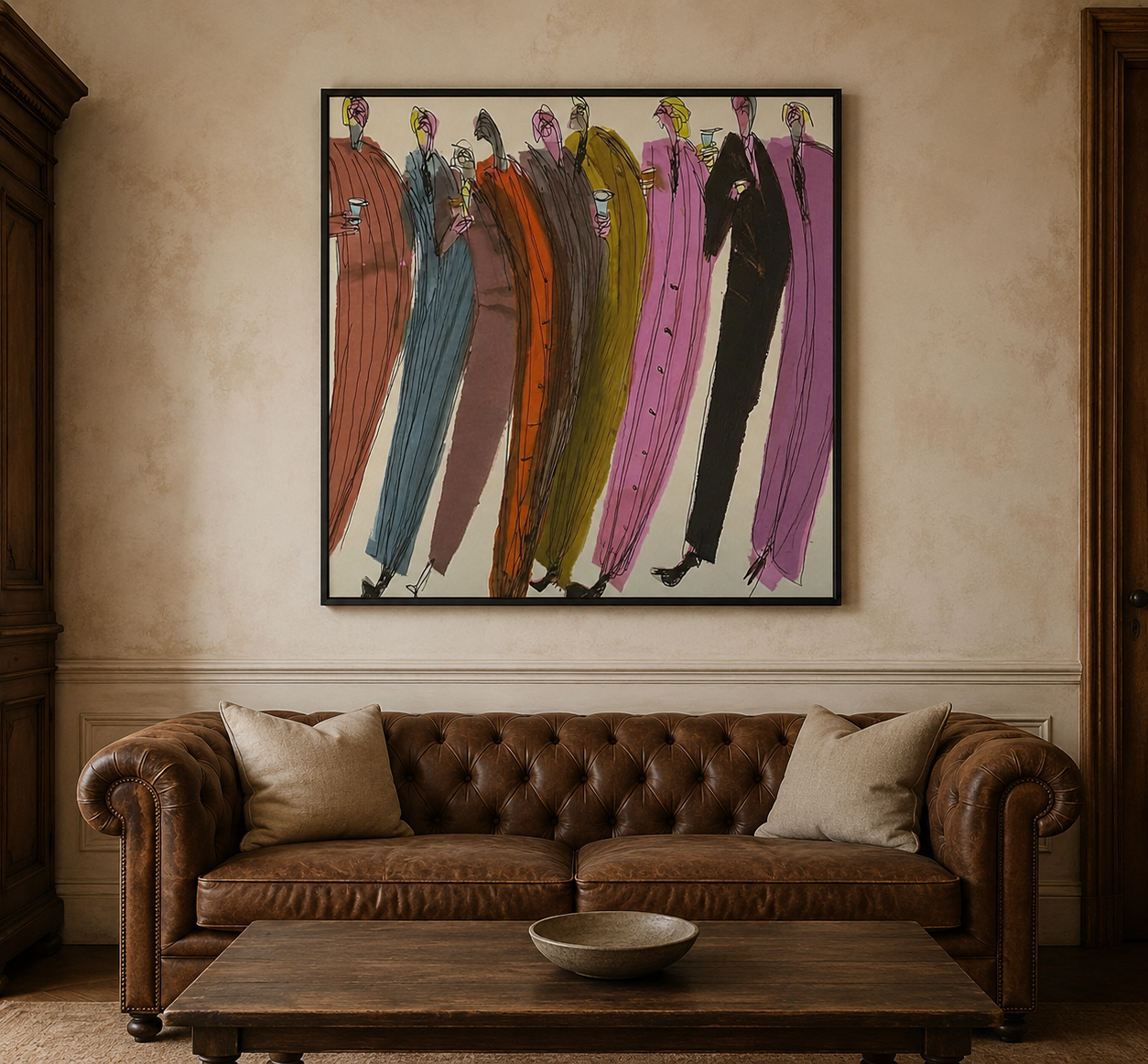 Vibrant Abstract Figure Painting Of Cocktail Party For Modern Living Room Decor