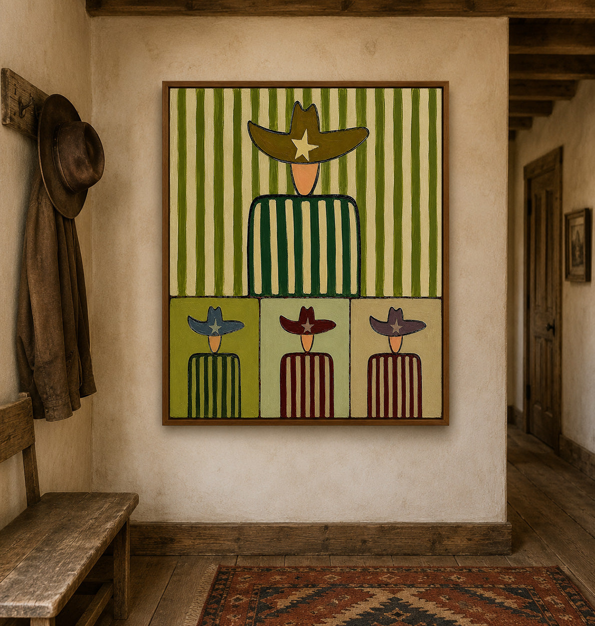 Mid Century Modern Abstract Cowboy Painting With Striped Patterns For Retro Home Decor