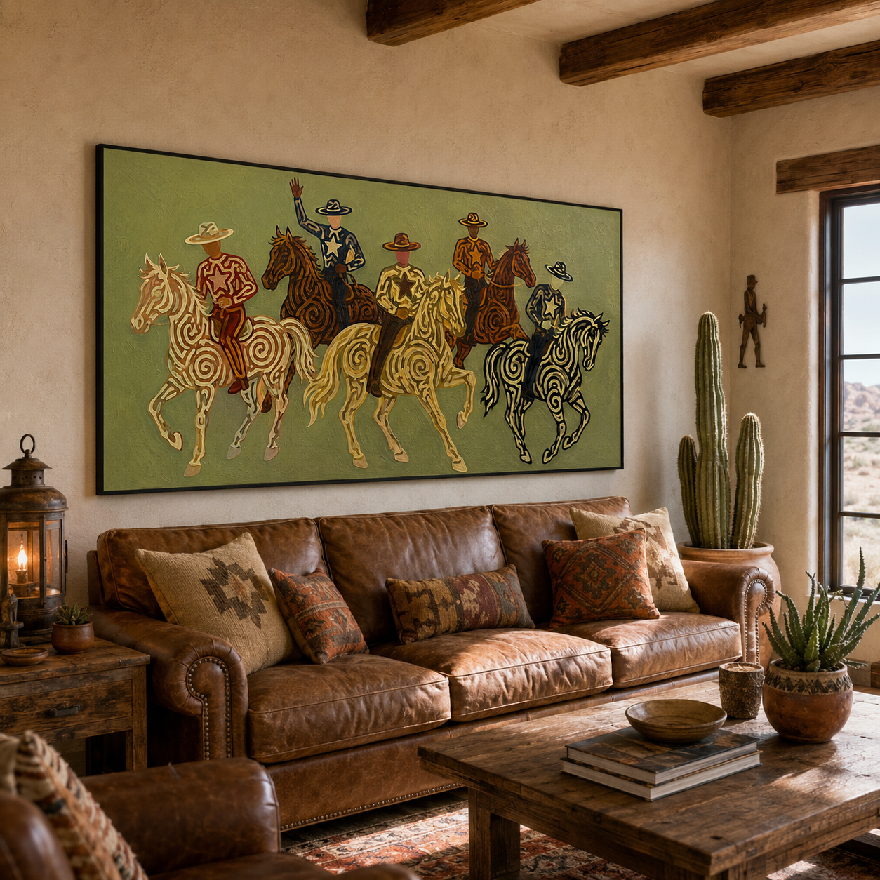 Olive Green Cowboy Riders Painting, Panoramic Western Horse Art, Modern Southwestern Decor