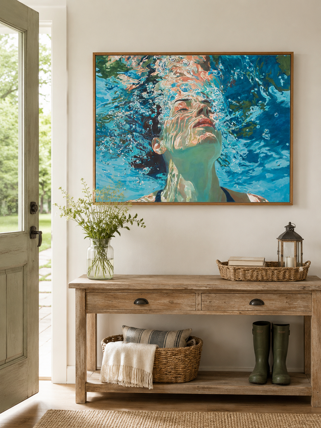 Ethereal Underwater Girl Painting With Bubbles For Coastal Bathroom Decor