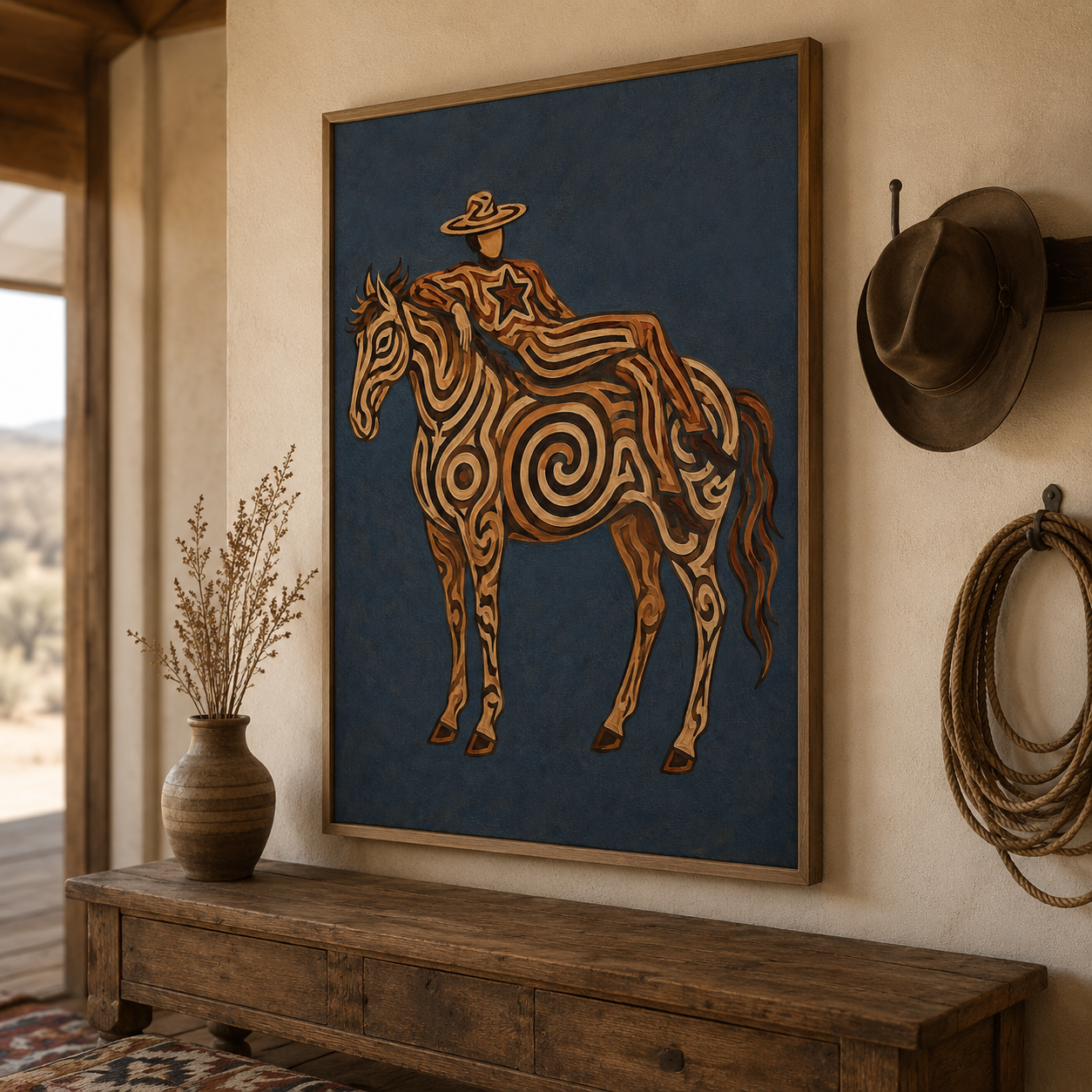 Large Western Horse Painting, Rustic Ranch Home Decor, Abstract Cowboy Style Original Oil Painting