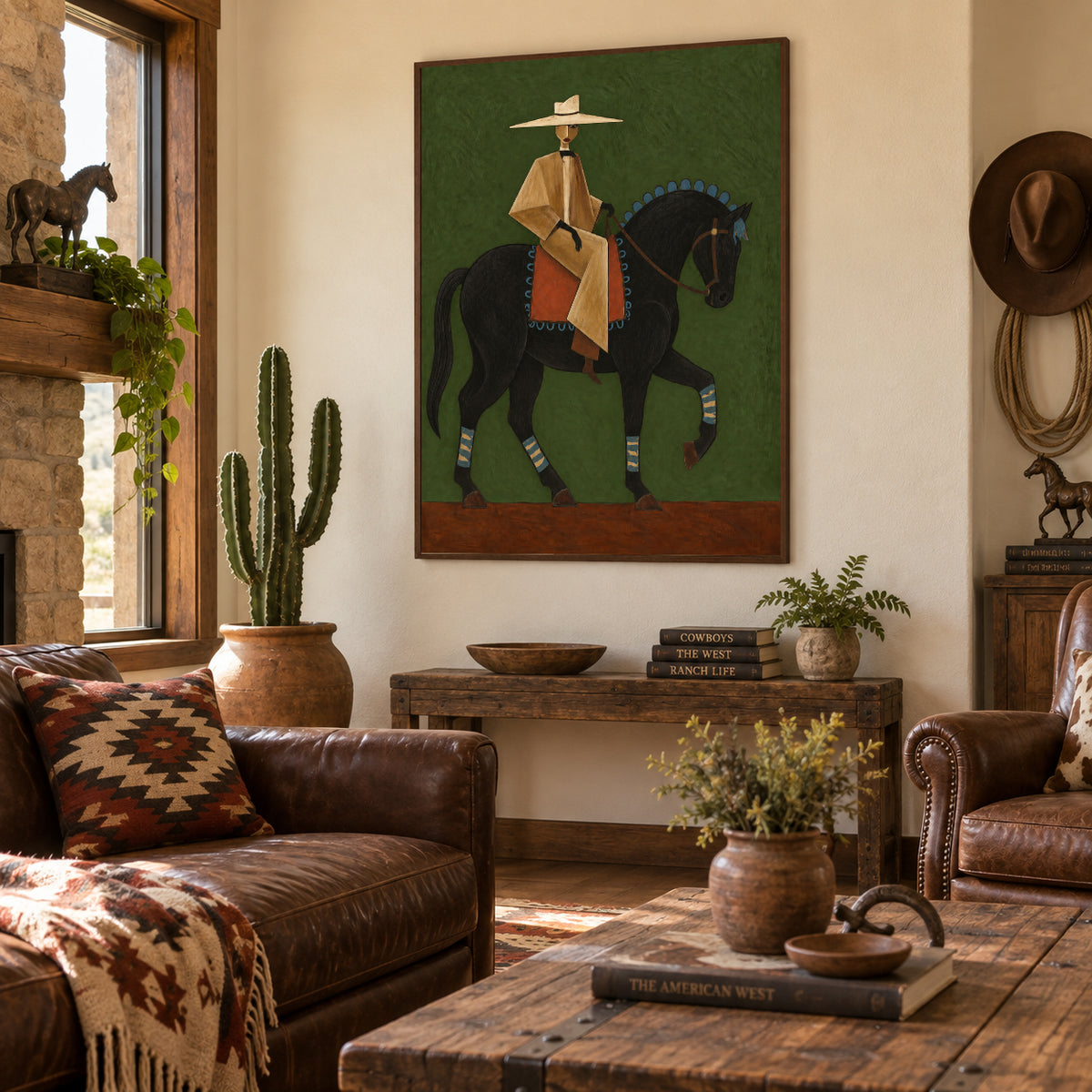 Green Background Fine Art Vintage Cowboy And Horse Canvas Painting Gentleman On Black Horse Canvas Art