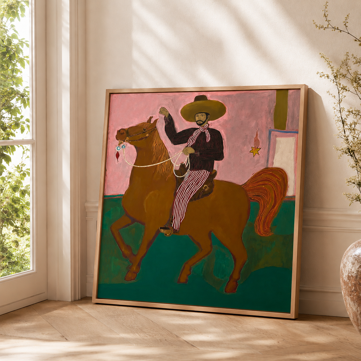 Vintage Southwestern Cowboy Horse Painting Original Folk Art Canvas For Living Room Decor