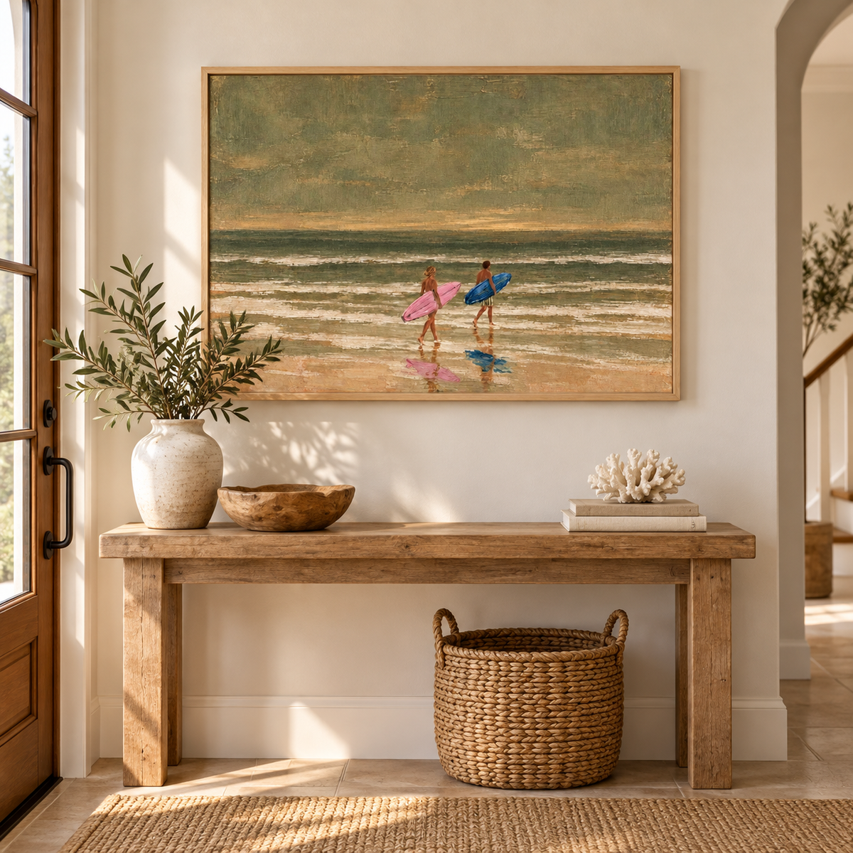 Couples Surfing Canvas Art, Pink And Blue Surfboard Beach Decor, Vintage Coastal Ocean Painting