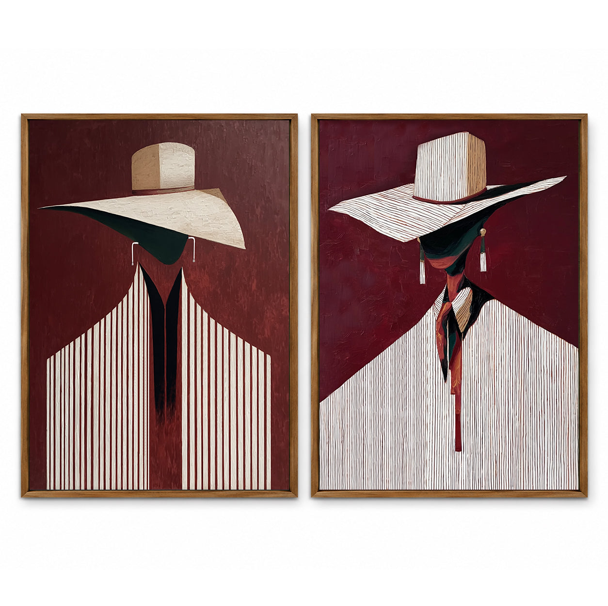 Modern Abstract Figure Painting With Hats Deep Red Background Diptych For Hallway