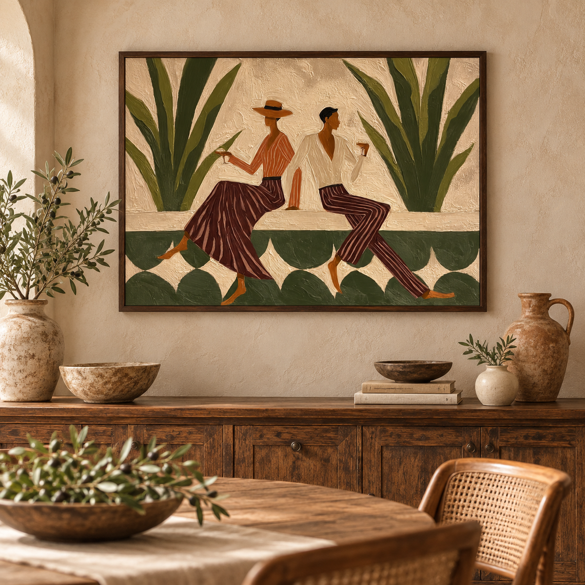 Vintage Figure Painting With Agave Plants Hand-Painted Canvas Art Olive Green Wall Art For Modern Living Room