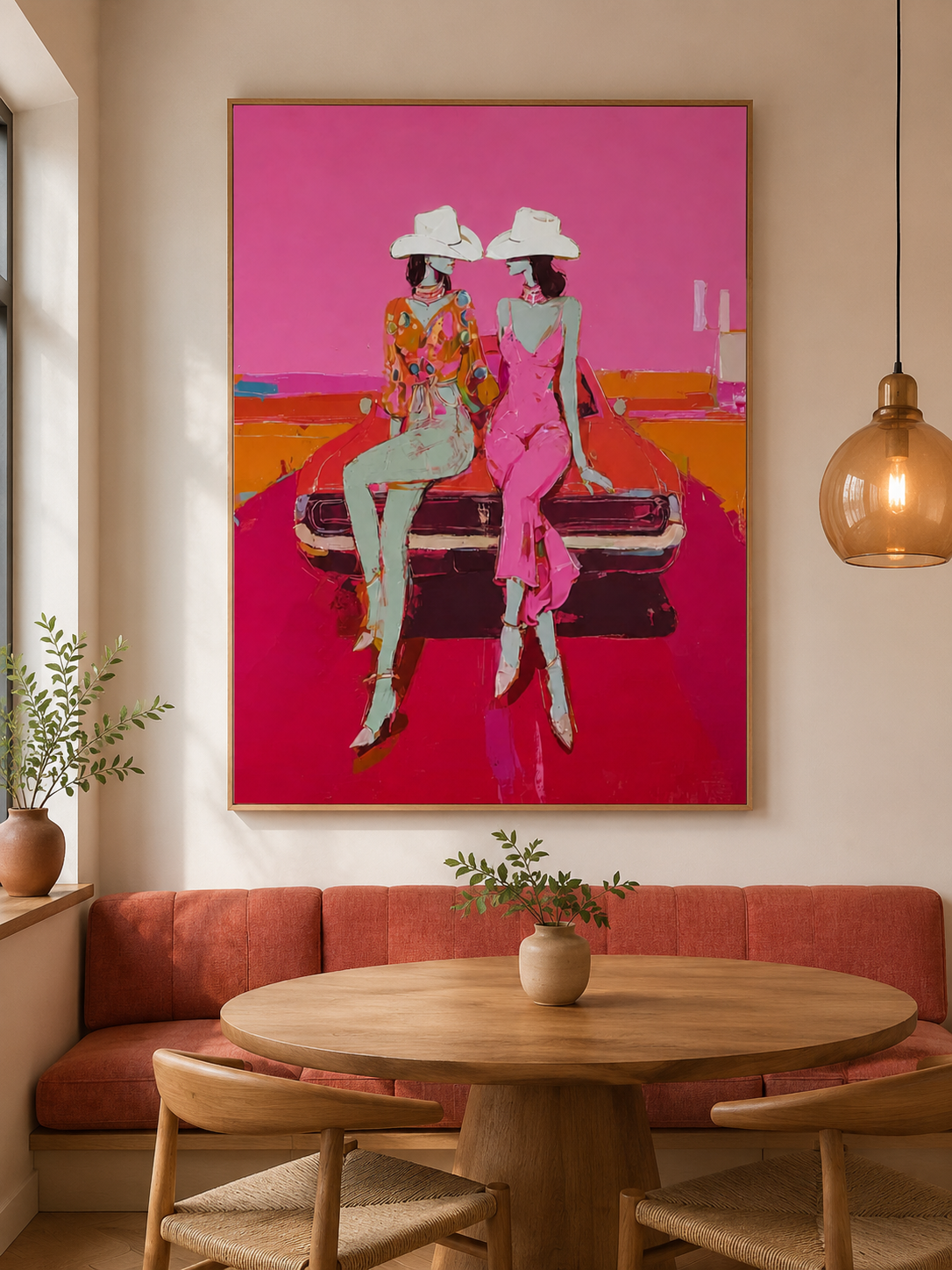 Vibrant Pop Art Painting Of Women In Cowboy Hats With Classic Car For Modern Living Room Wall Decor