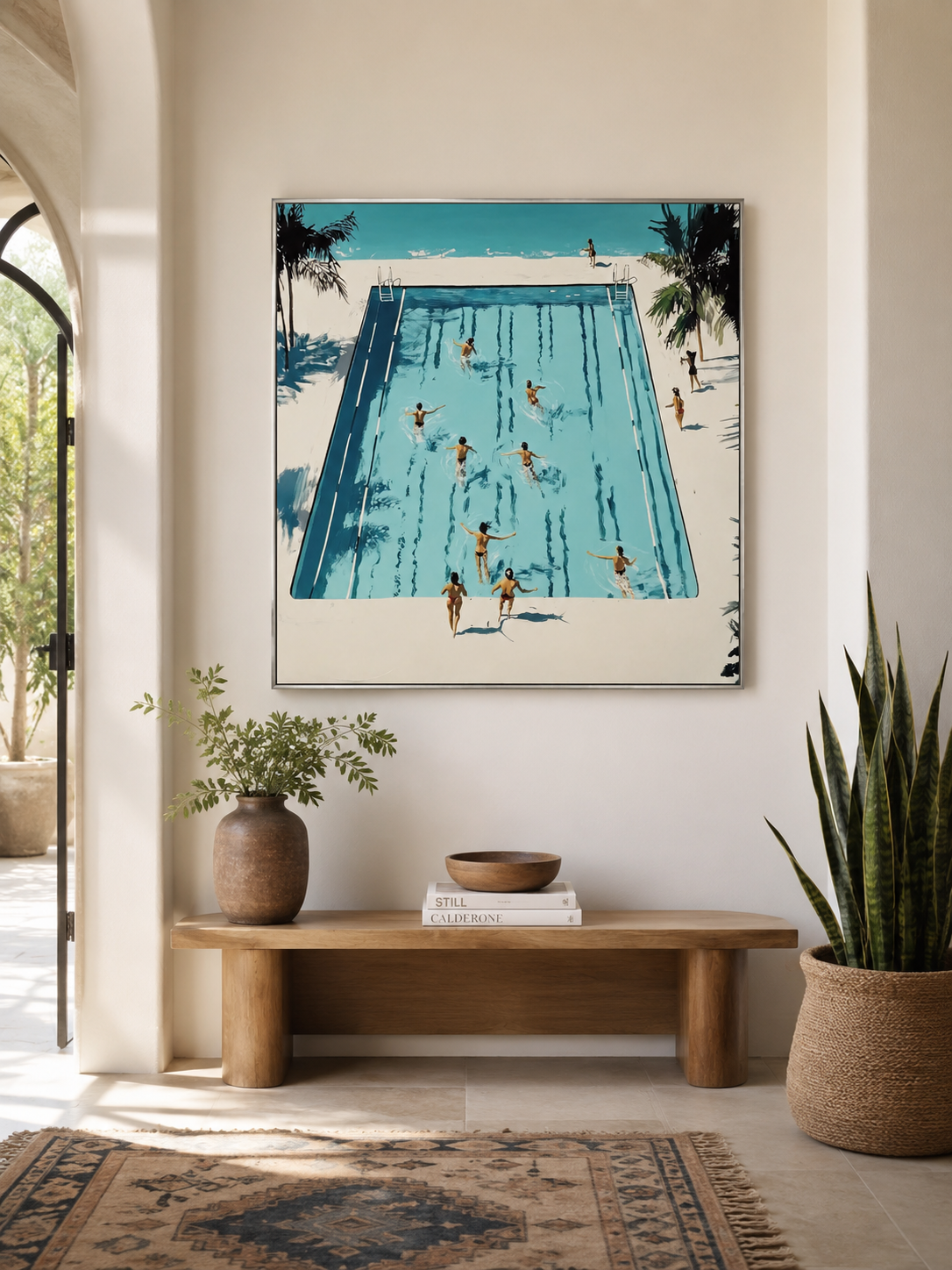 Vintage Pool Painting With Palm Trees For Modern Living Room Wall Decor Large Square Canvas