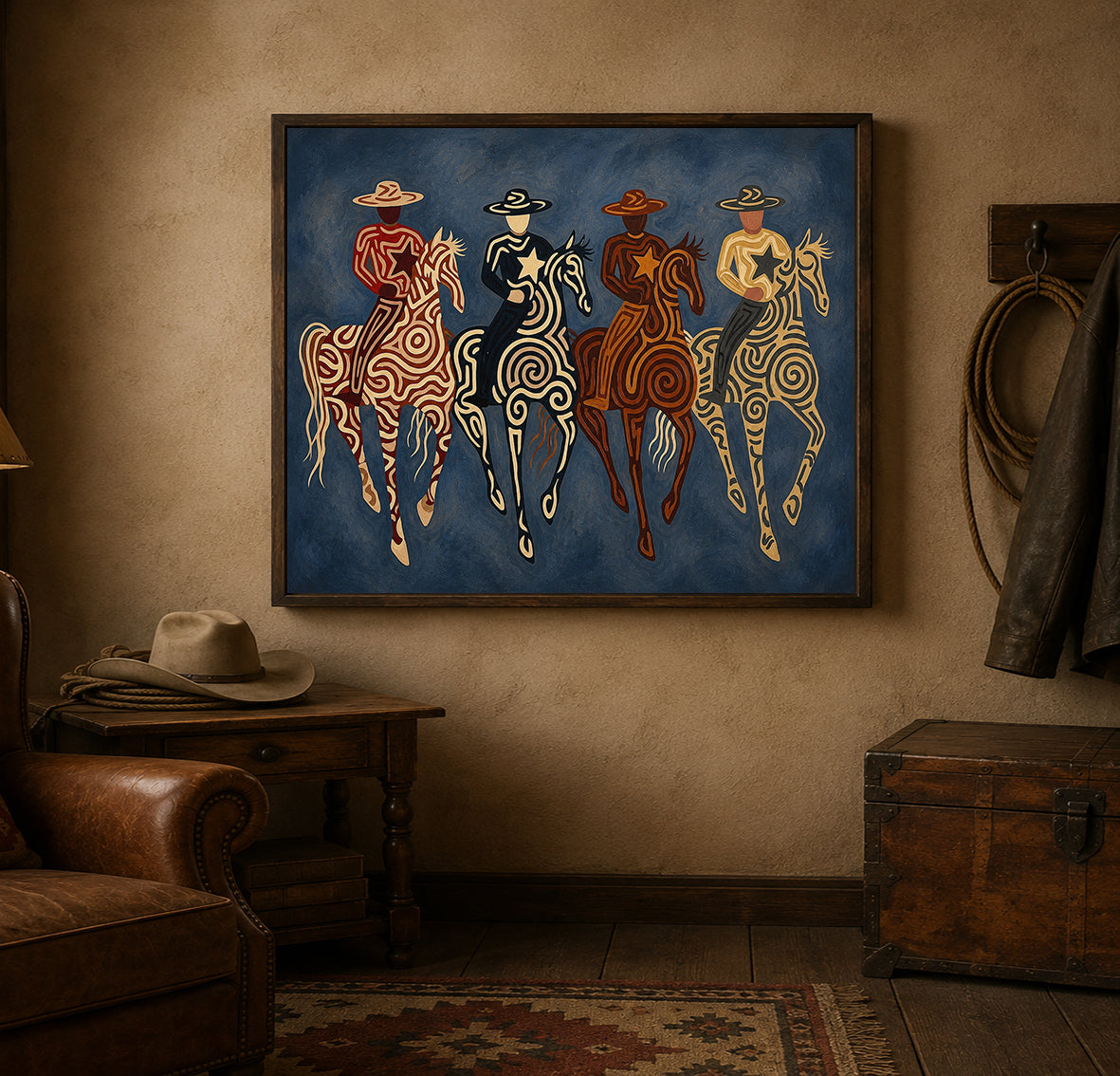 Four Cowboy Riders Painting, Navy Blue Western Horse Art, Southwestern Folk Wall Decor