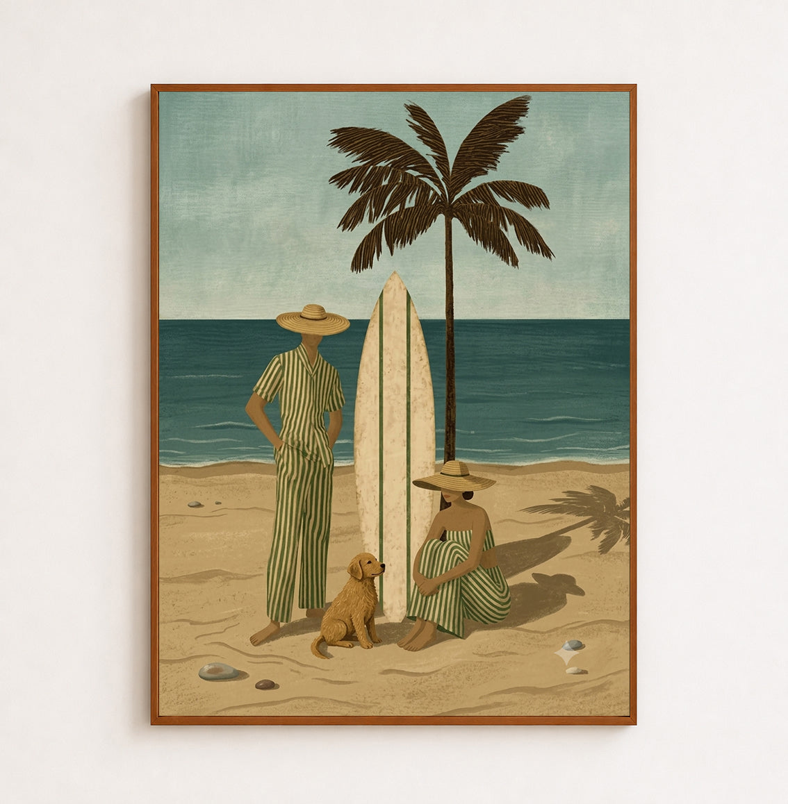 Vintage Surfboard Dog Painting For Coastal Living Room Retro Beach Wall Art