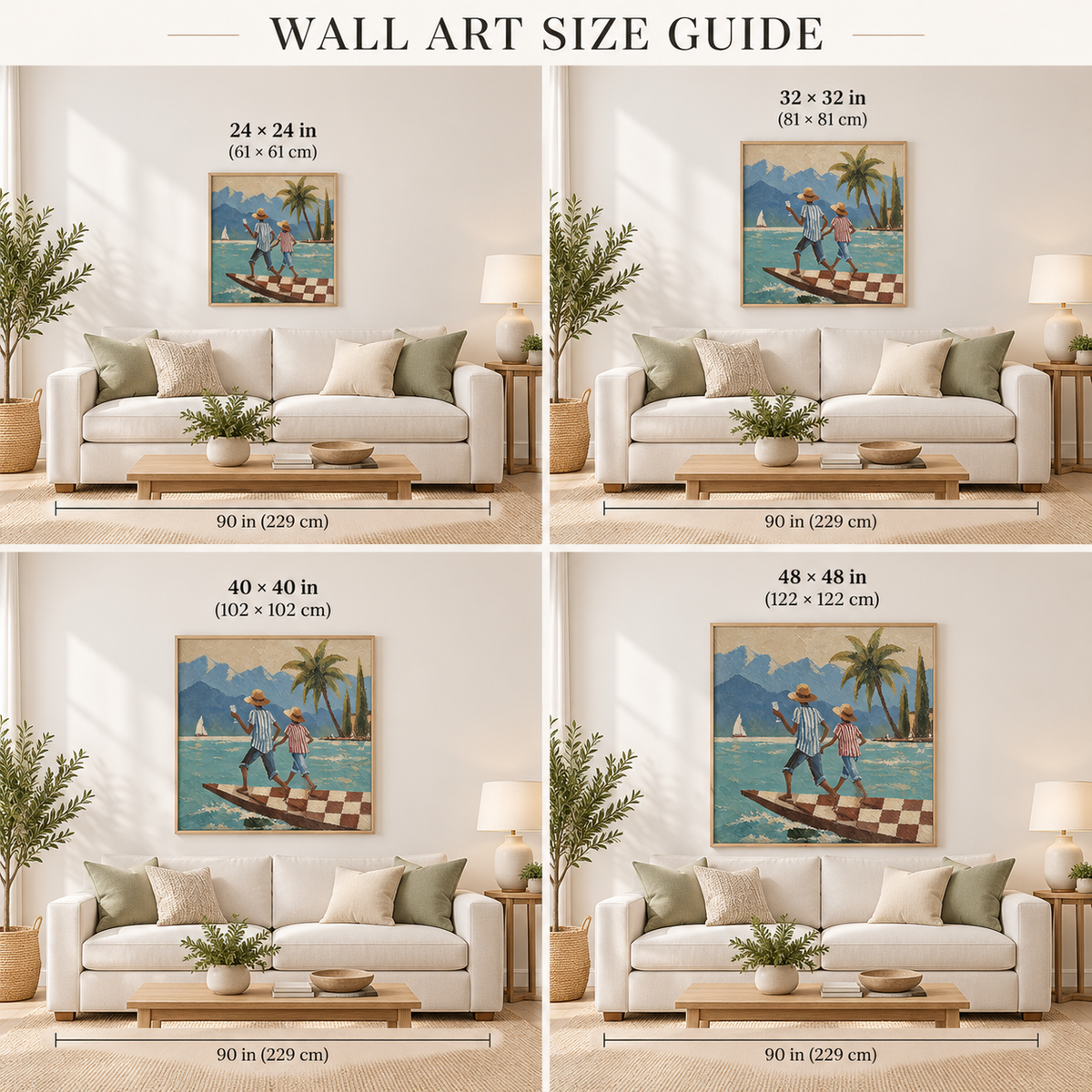 Figurative Beach Scene Hand-Painted Canvas Art With Mountains And Sailboat In Bright Blue Tones