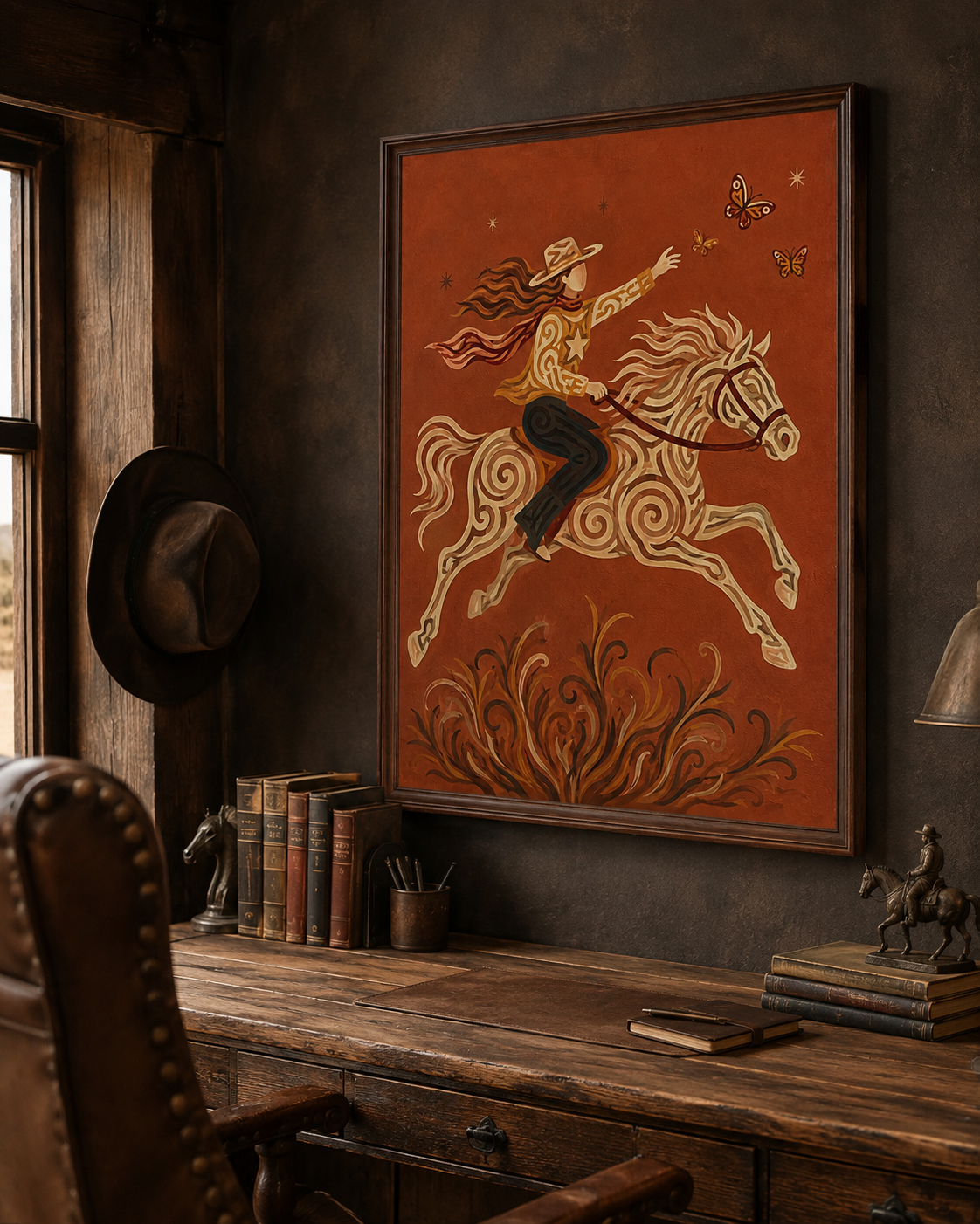 Cowgirl Riding Horse Canvas Painting Hand-Painted Western Art With Butterflies
