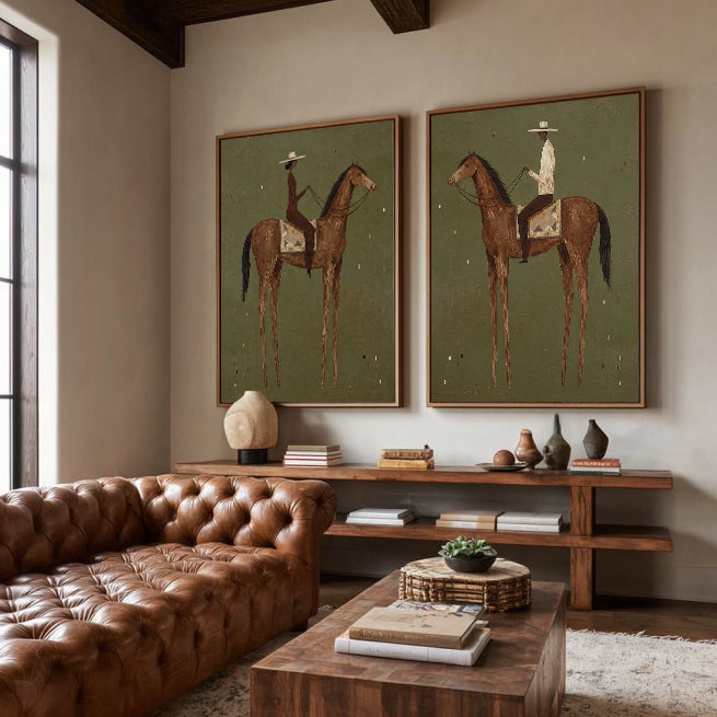Vintage Equestrian Diptych With Green Background And Brown Horses Original Oil Painting Set Of Two