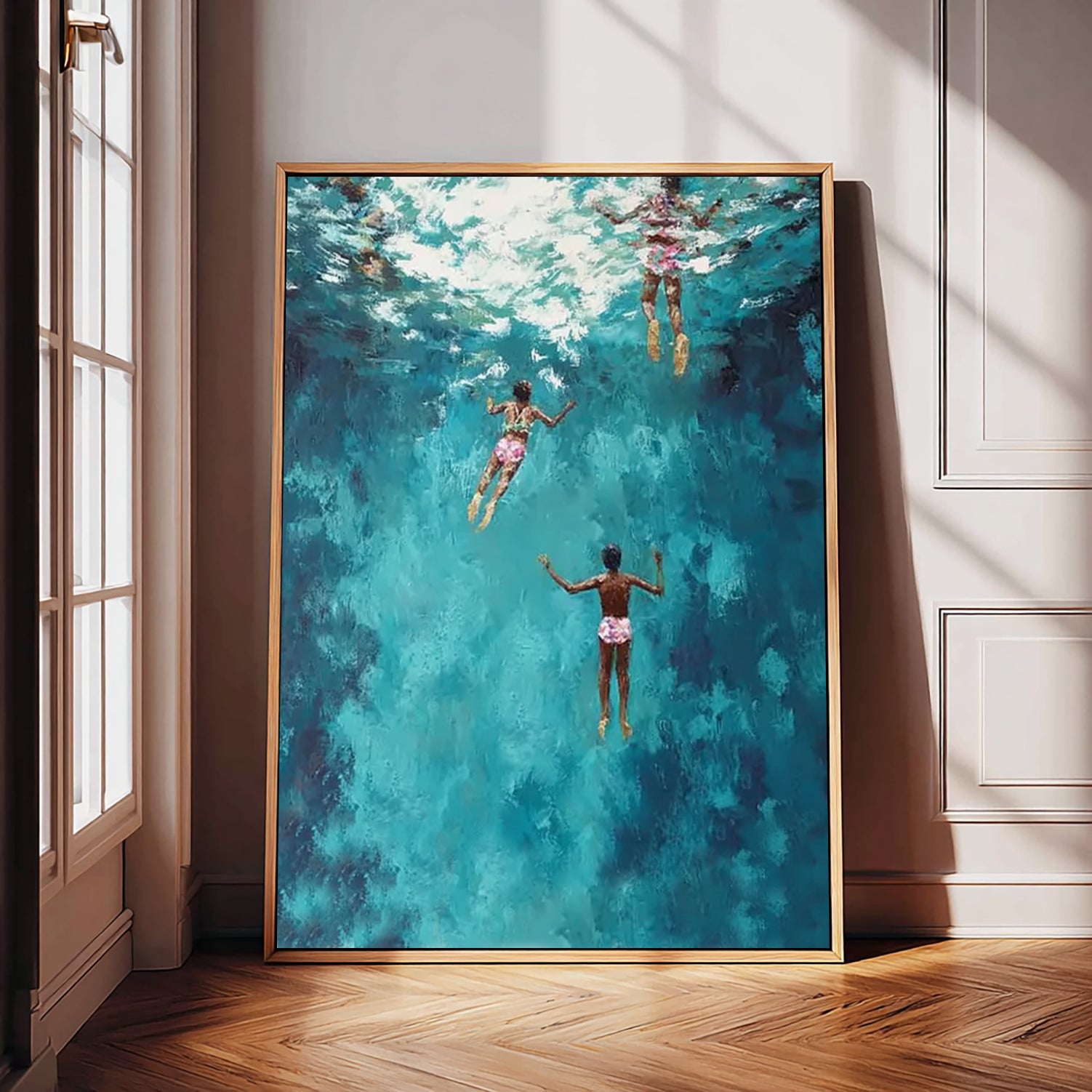 Large Blue Ocean Painting For Coastal Living Room With Figurative Swimmers And Textured Waves