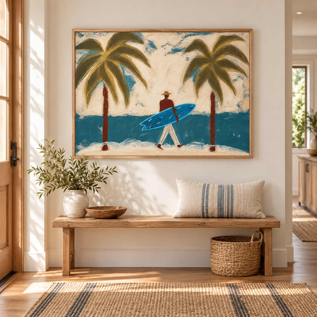 Surfer With Blue Board Vintage Beach Canvas Painting Hand-Painted Wall Art For Coastal Decor
