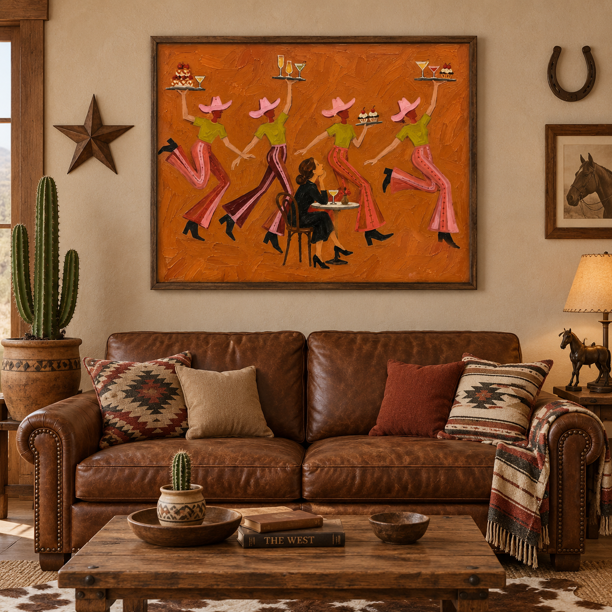 Narrative Western Cafe Canvas Art, Whimsical Cowgirl Dancing Canvas Painting, Retro Diner Wall Decor,
