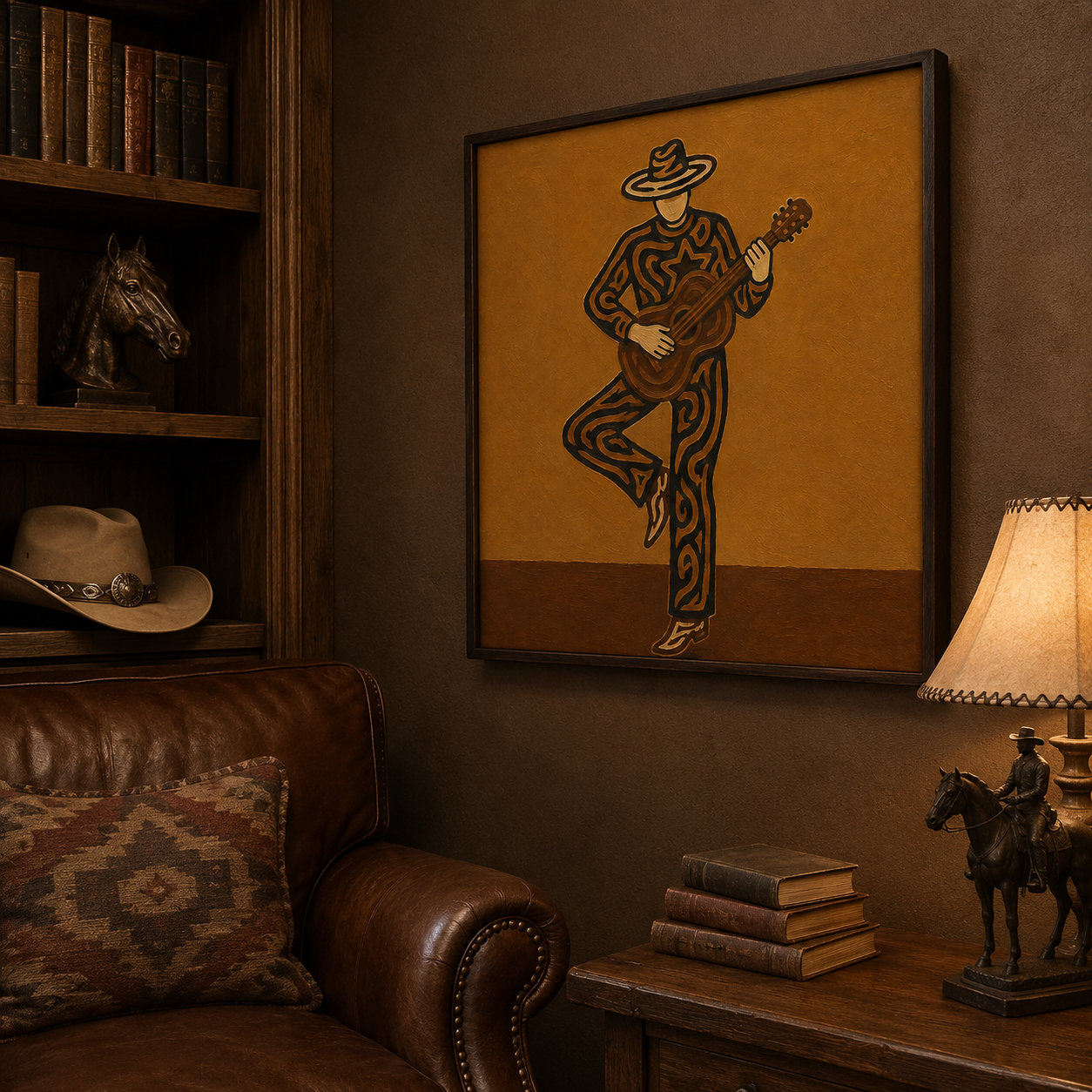Abstract Cowboy Musician Art, Unique Guitar Player Wall Decor, Modern Western Art, Dynamic Cowboy Painting