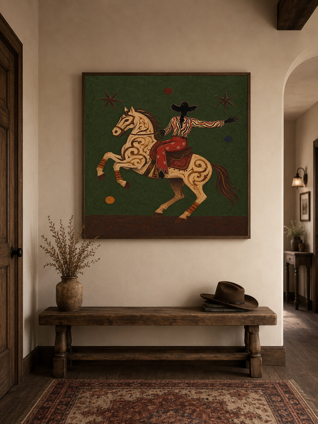 Cowboy And Horse Canvas Painting With Green Background Original Art
