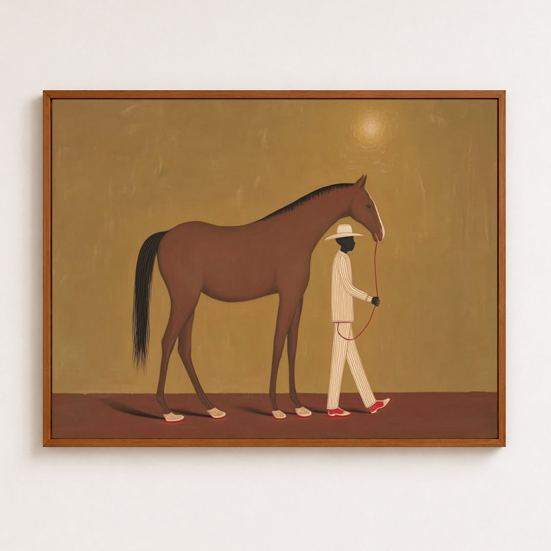 Warm Ochre Decor Figurative Art Man Leading Horse Original Oil Painting Style