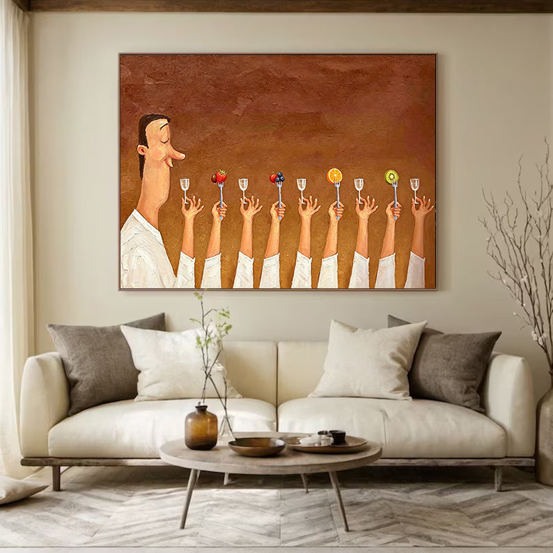 Humorous Kitchen Wall Art, Hand Painted Oil Painting, Large Wall Decor for Foodie Gift.